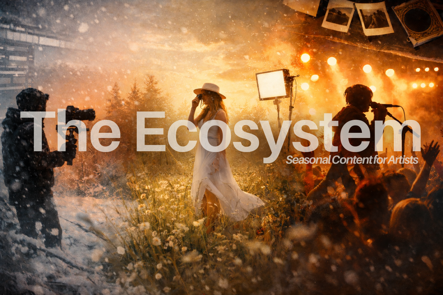 Photograph of a music performance outdoors on a stage with bright orange lighting, featuring a singer in a white dress and a white hat, with a camera crew filming in the foreground and audience members in the front.