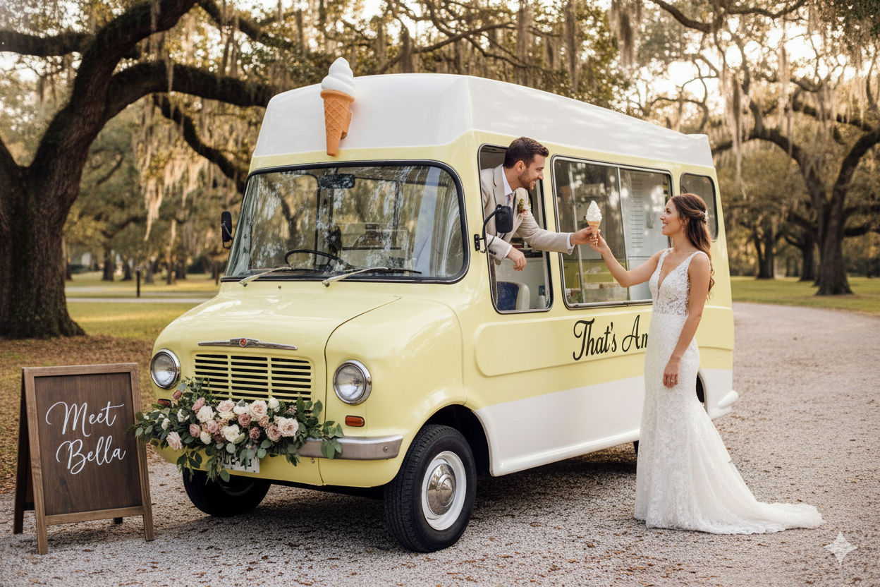 Bride in wedding dress receives ice cream cone from groom in wedding suit through window of a vintage yellow ice cream truck decorated with flowers and a sign that says "Meet Bella" in a park with large trees in the background.