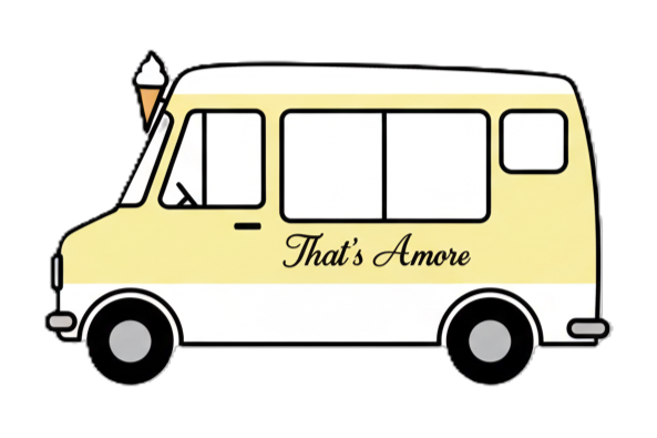 A cartoon ice cream truck painted in pale yellow and white with the words "That's Amore" written on the side, and topped with an ice cream cone sign.