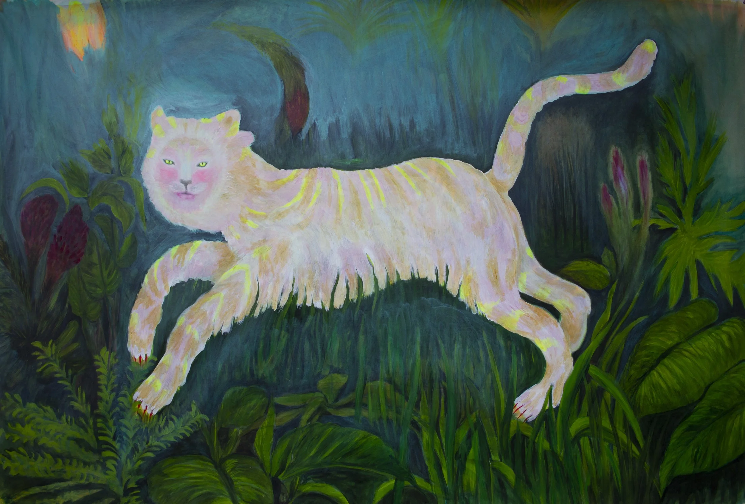  La Gata y la Noche , 2025 
Acrílico y tintas acrílicas sobre lienzo 
200 x 137 cm