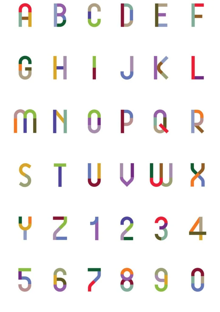 Custom typeface — every letter built from the same four geometric shapes as the logo system.