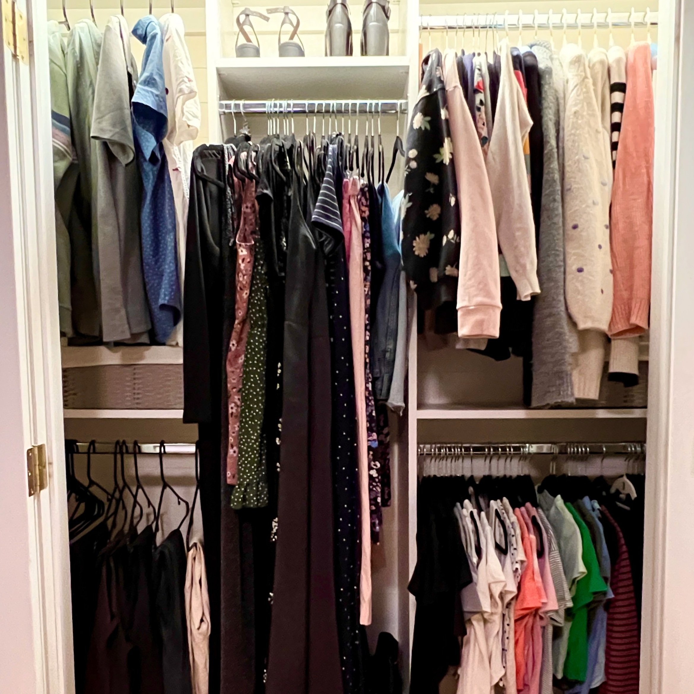 A photo from a closet organizing and stylist session shows a closet with clothes hanging on rods and shelves, including shirts, pants, dresses, and shoes.