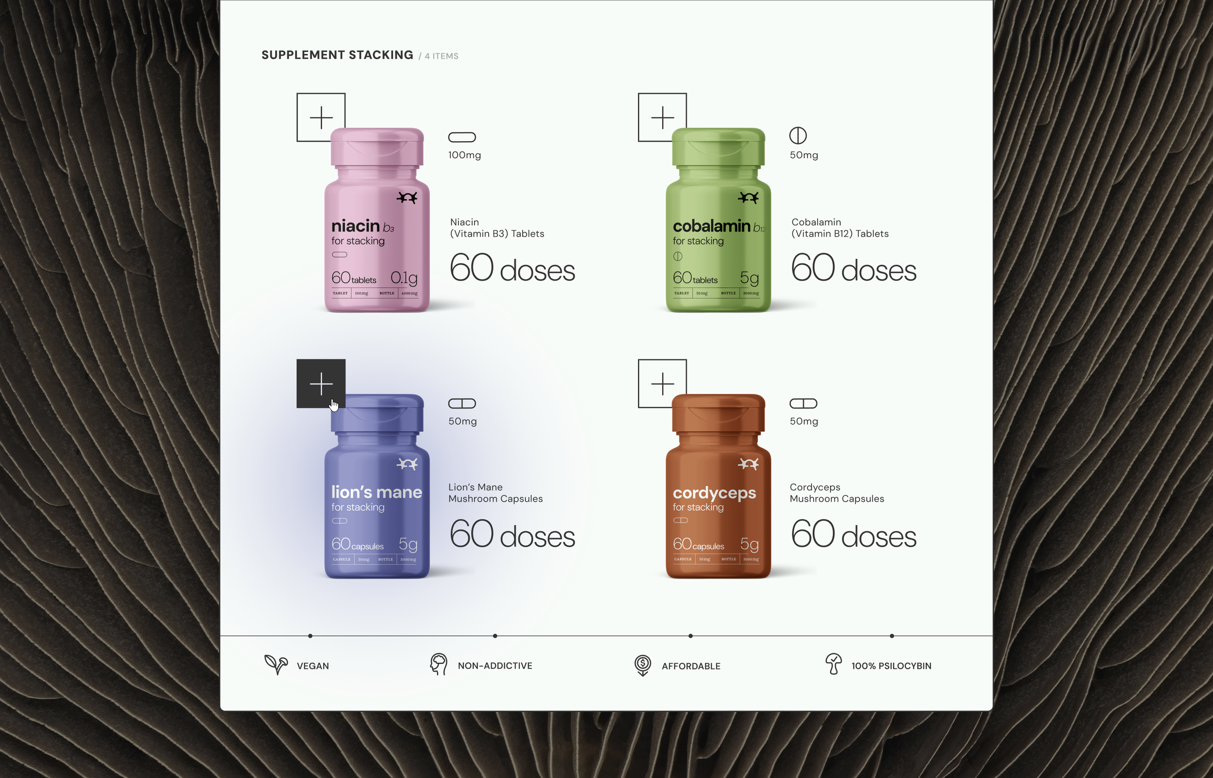 A digital product display showing bottles of dietary supplements, including niacin, cobalamin, lion's mane mushroom capsules, and cordyceps mushroom capsules, with details on doses and packaging.
