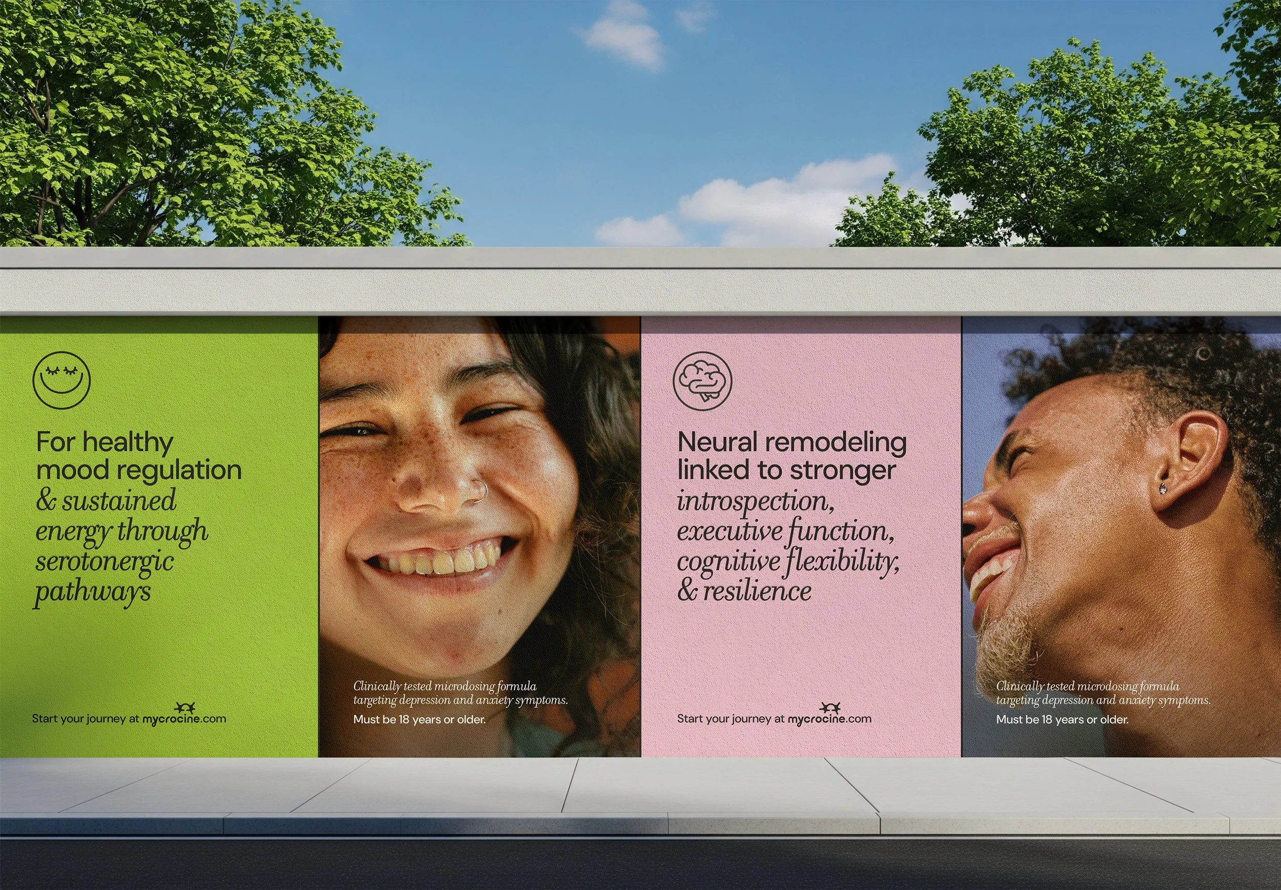 A large outdoor billboard with three panels displaying images of diverse smiling people and health-related text in front of a blue sky with green trees.