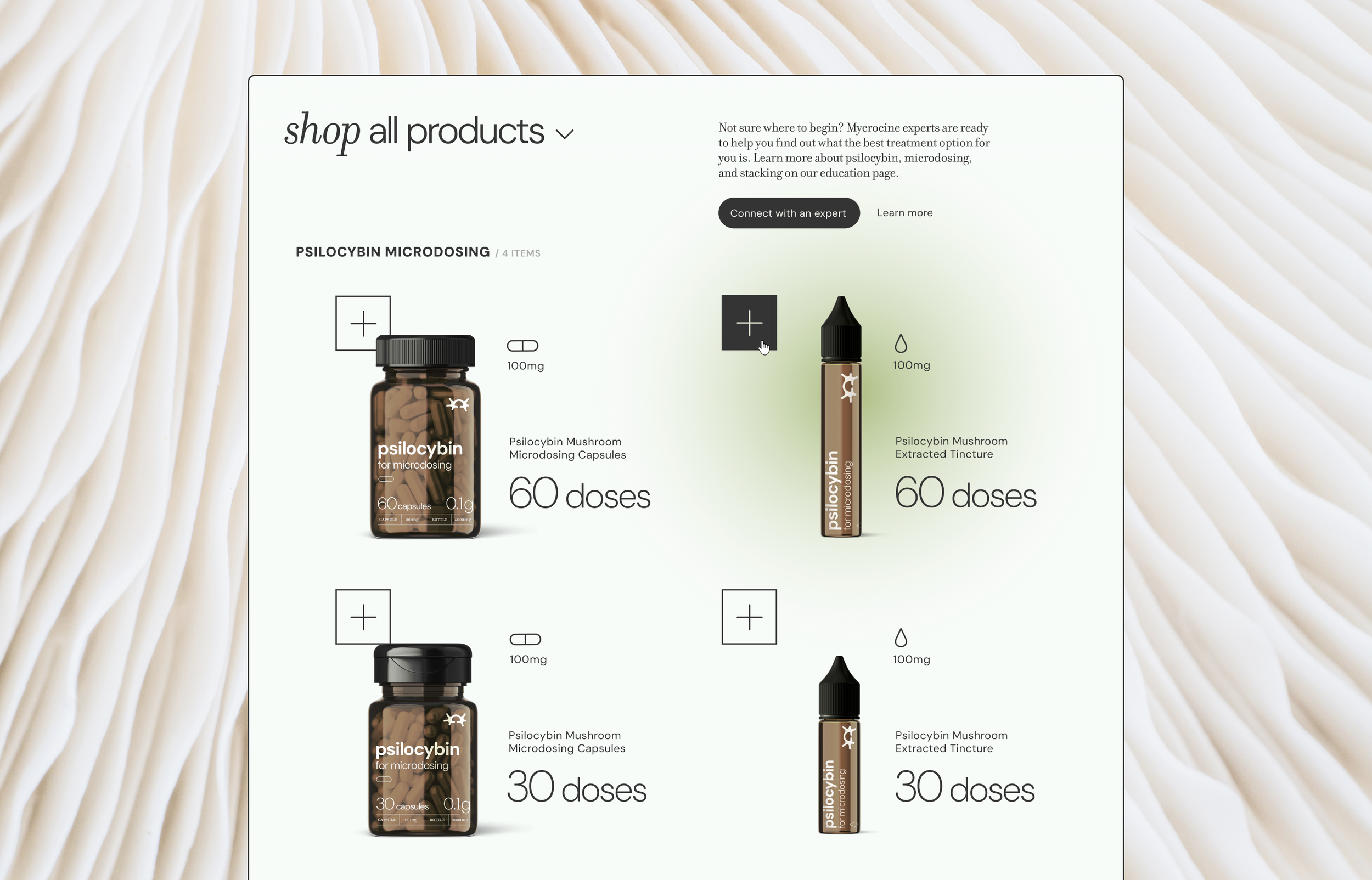 A webpage displaying Psilocybin Mushroom Microdosing products, including capsules and tincture, with options to adjust quantities, on a textured background.