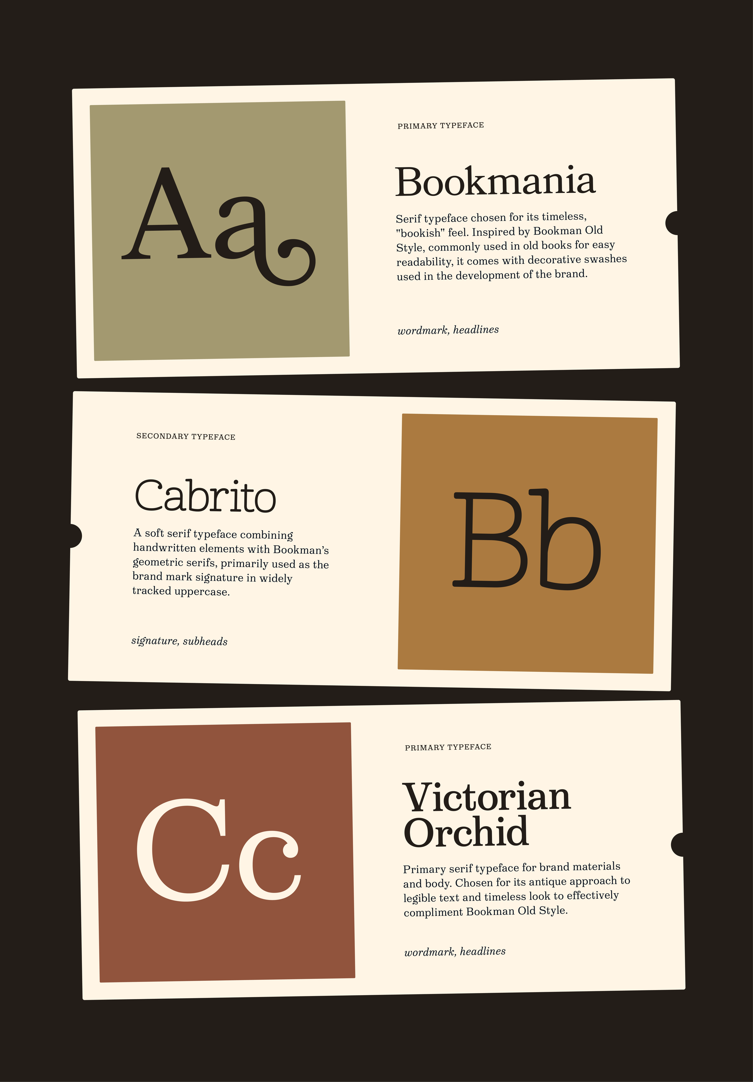 Design mockup showcasing different serif typefaces with sample letters and descriptions on a dark background.