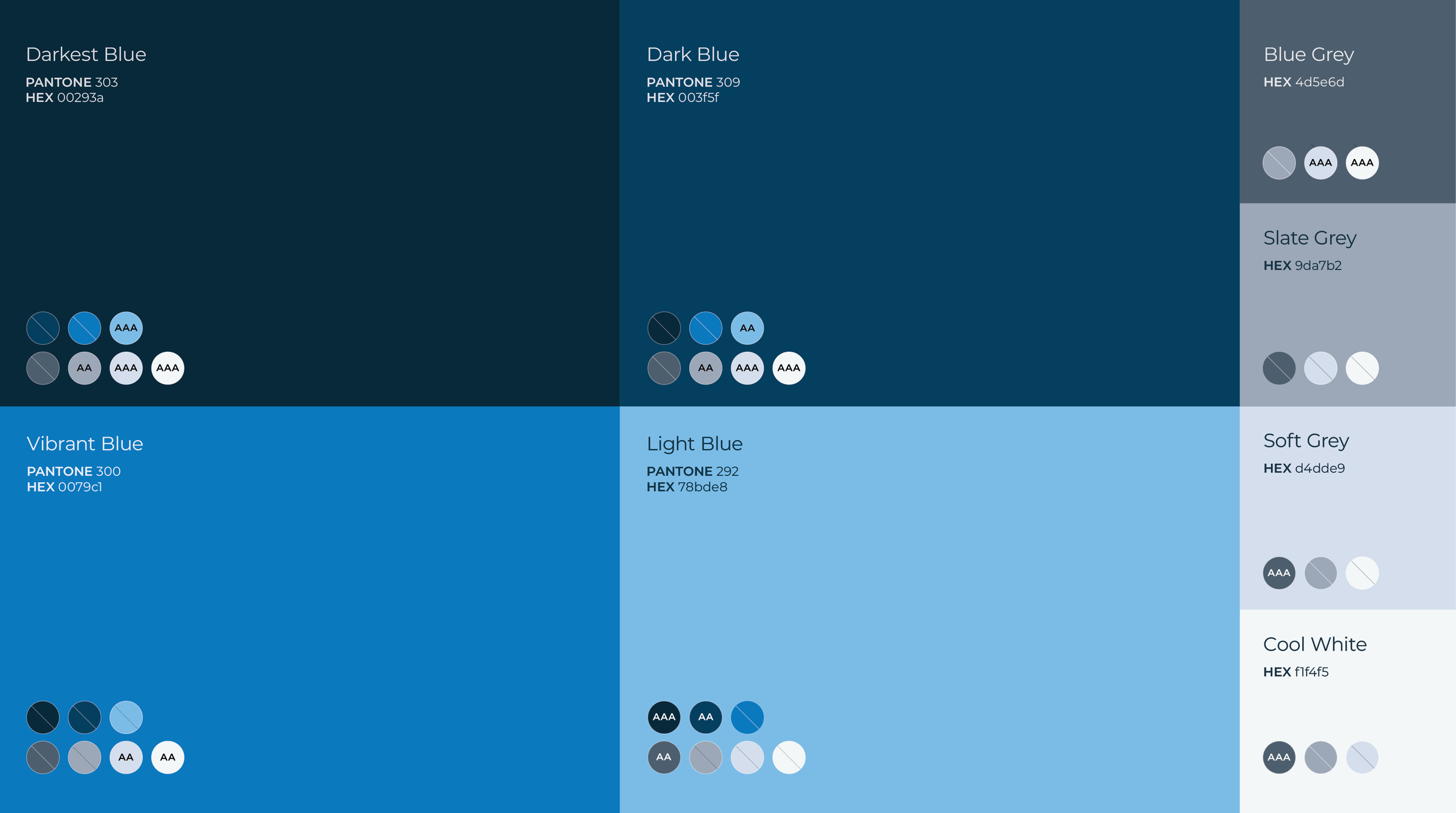 Color palette chart displaying various shades of blue and grey with their names, Pantone numbers, and HEX codes, including Darkest Blue, Dark Blue, Blue Grey, Vibrant Blue, Light Blue, Soft Grey, and Cool White.