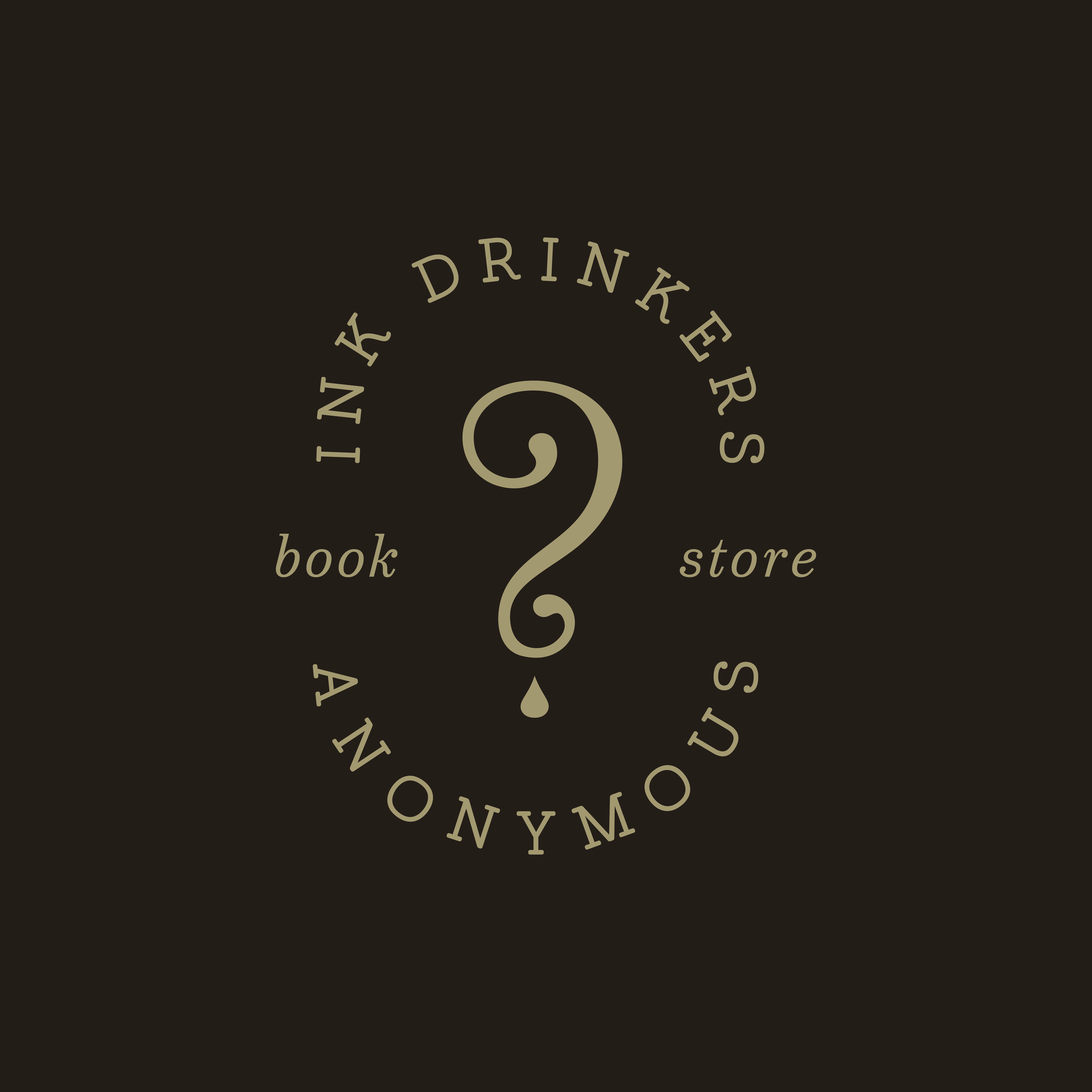 Close-up of a dark background with circular text and a question mark symbol. The text reads 'book store' and 'ink', arranged in a spiral.