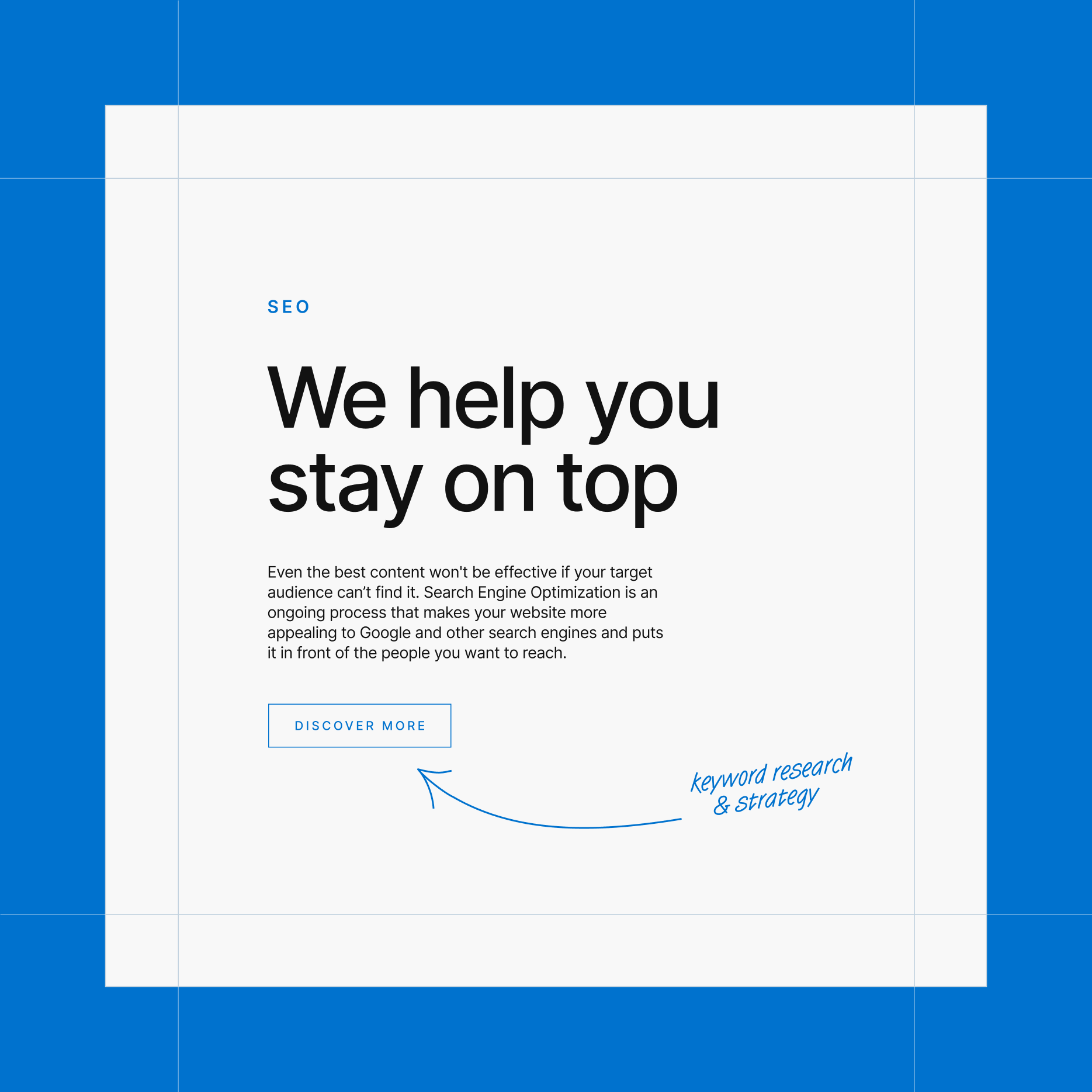 A webpage with a blue background and white content area, featuring a headline that reads 'We help you stay on top' and a subheading about search engine optimization. There is a button labeled 'Discover More' and a handwritten phrase with an arrow pointing to it that says 'keyword research & strategy'.