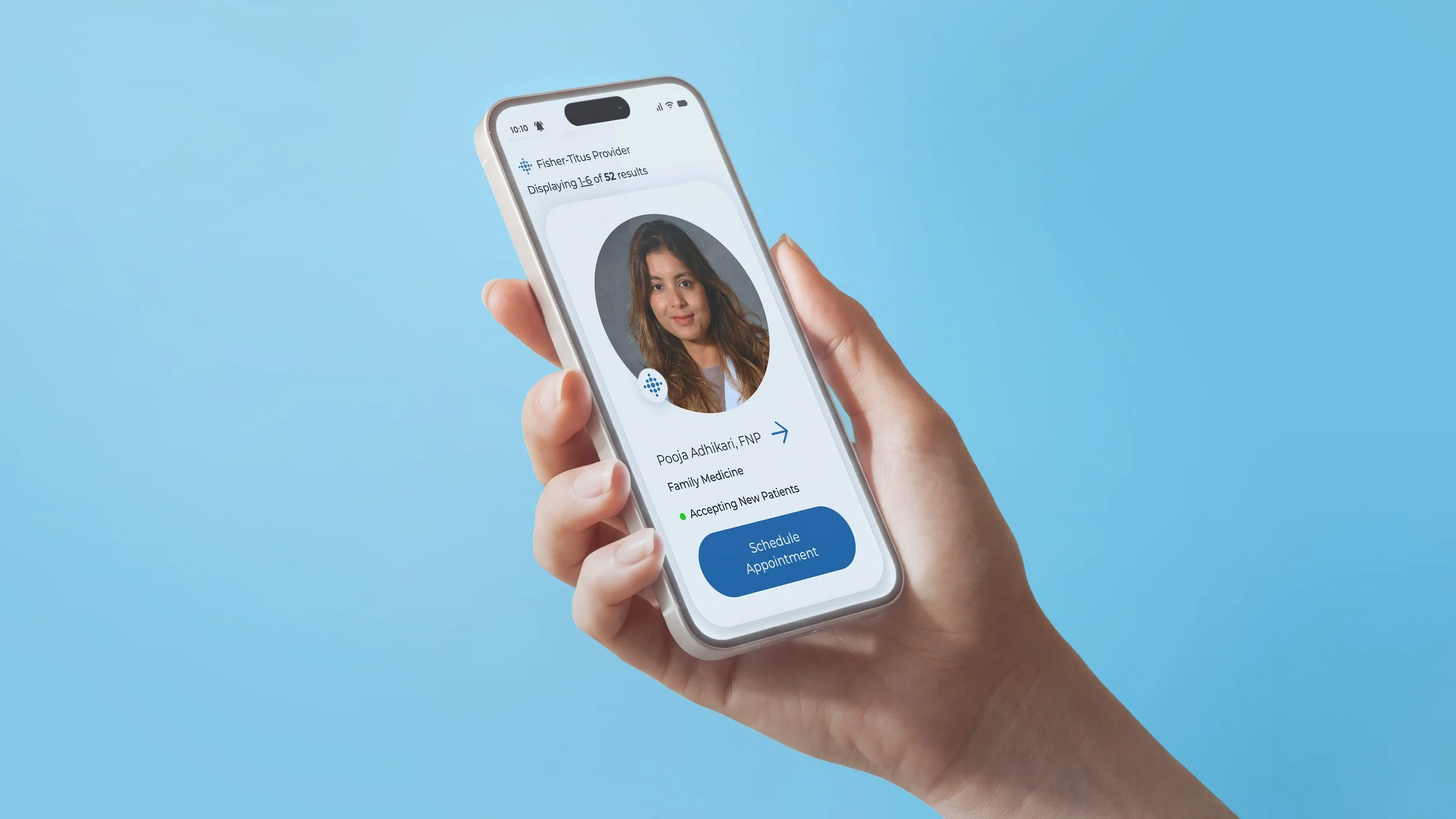 Person holding a smartphone displaying a telemedicine app profile of Dr. Pooja Adhikari, with options to schedule an appointment, against a blue background.