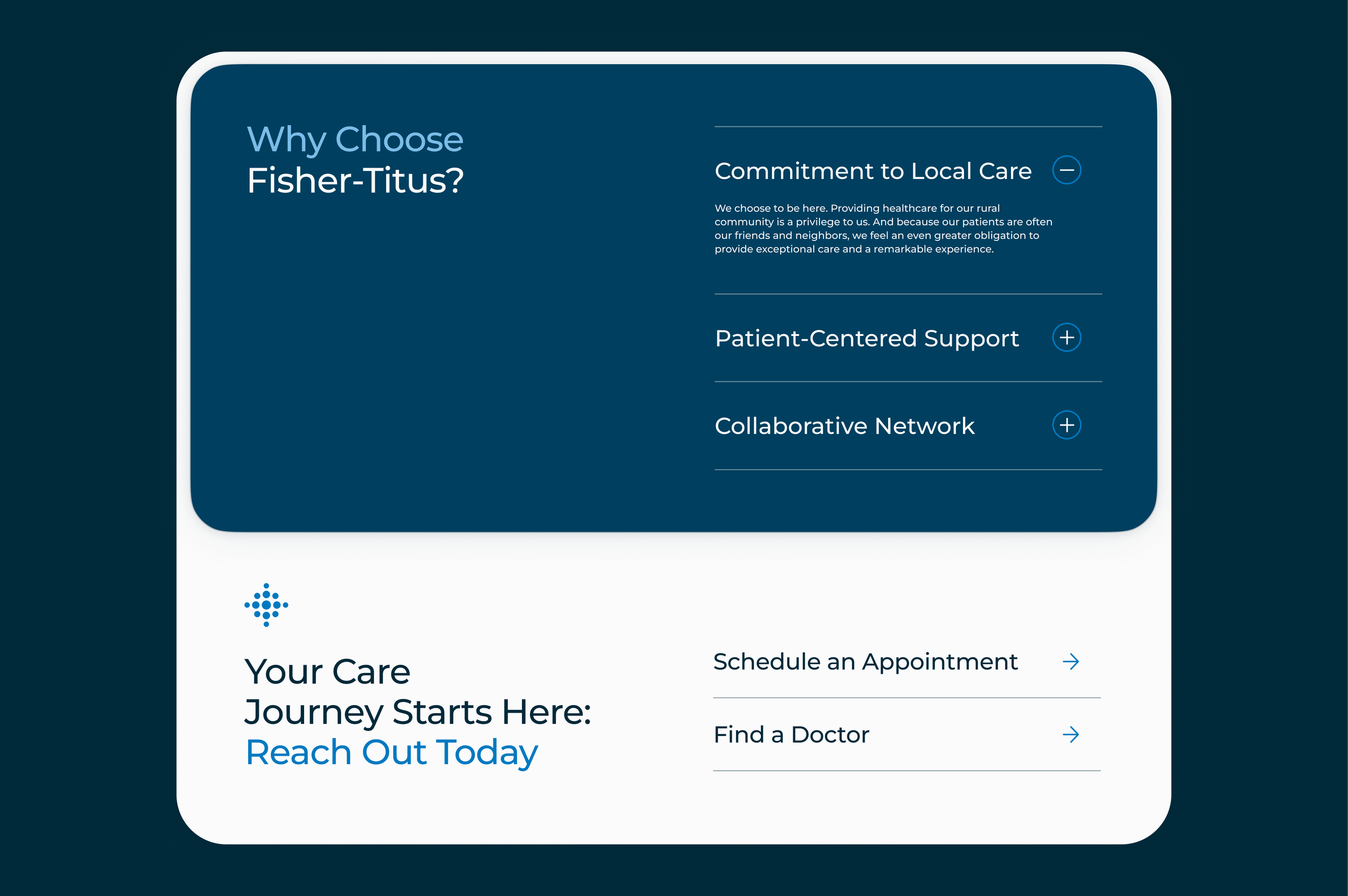 Healthcare website homepage featuring sections on why choose Fisher-Titus, commitment to local care, patient-centered support, collaborative network, scheduling appointments, and finding a doctor, set on a blue background with a modern, clean design.