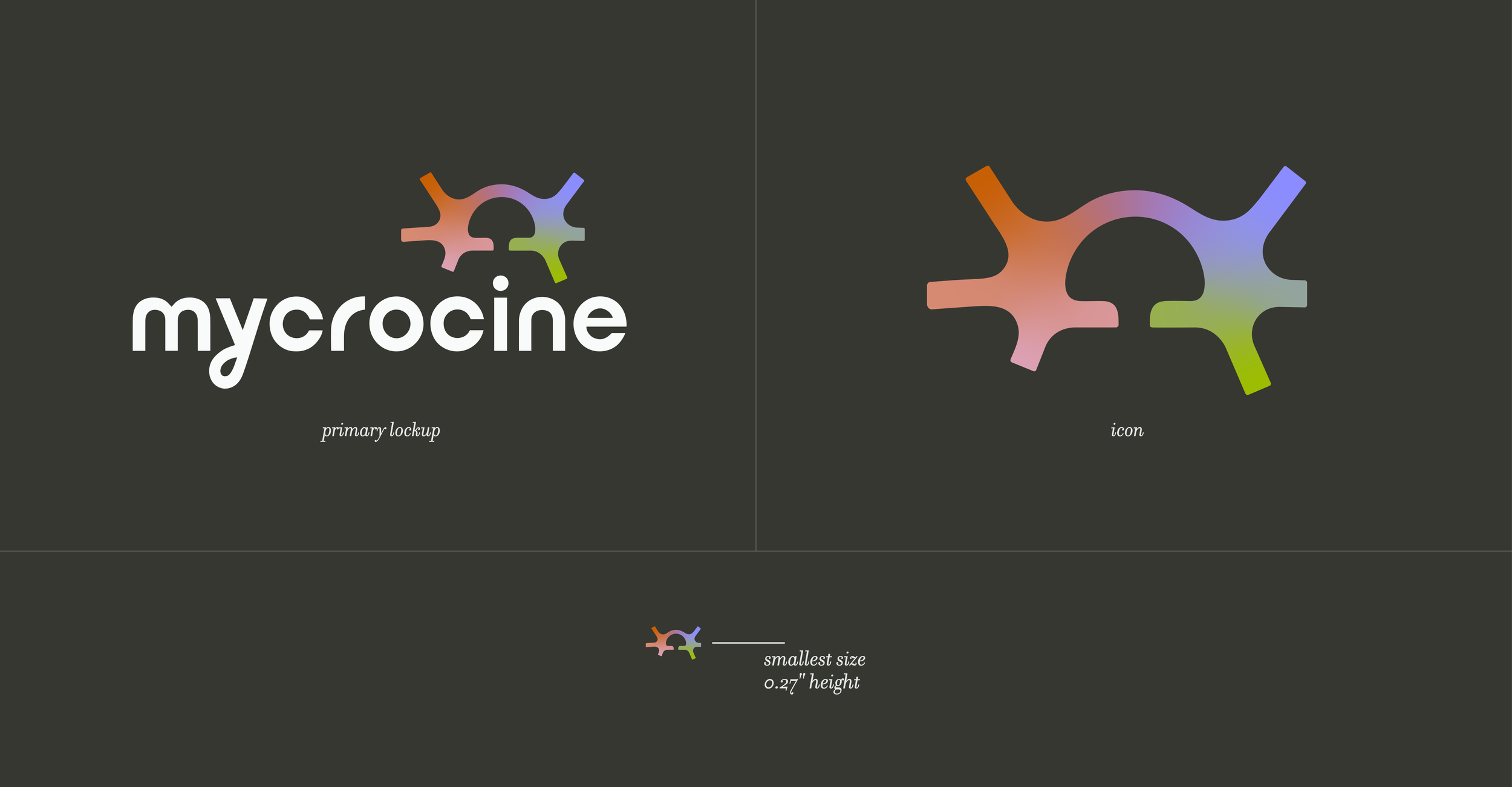 Graphic design featuring a neuroinflammatory icon with a colorful, gradient color palette. The left side displays the word 'myrocine' in white lowercase letters with the subtitle 'primary lockup'. The right side shows the icon, a stylized neuron or brain-like shape, with the label 'icon'. The bottom notes the smallest size, 0.27 inches in height.