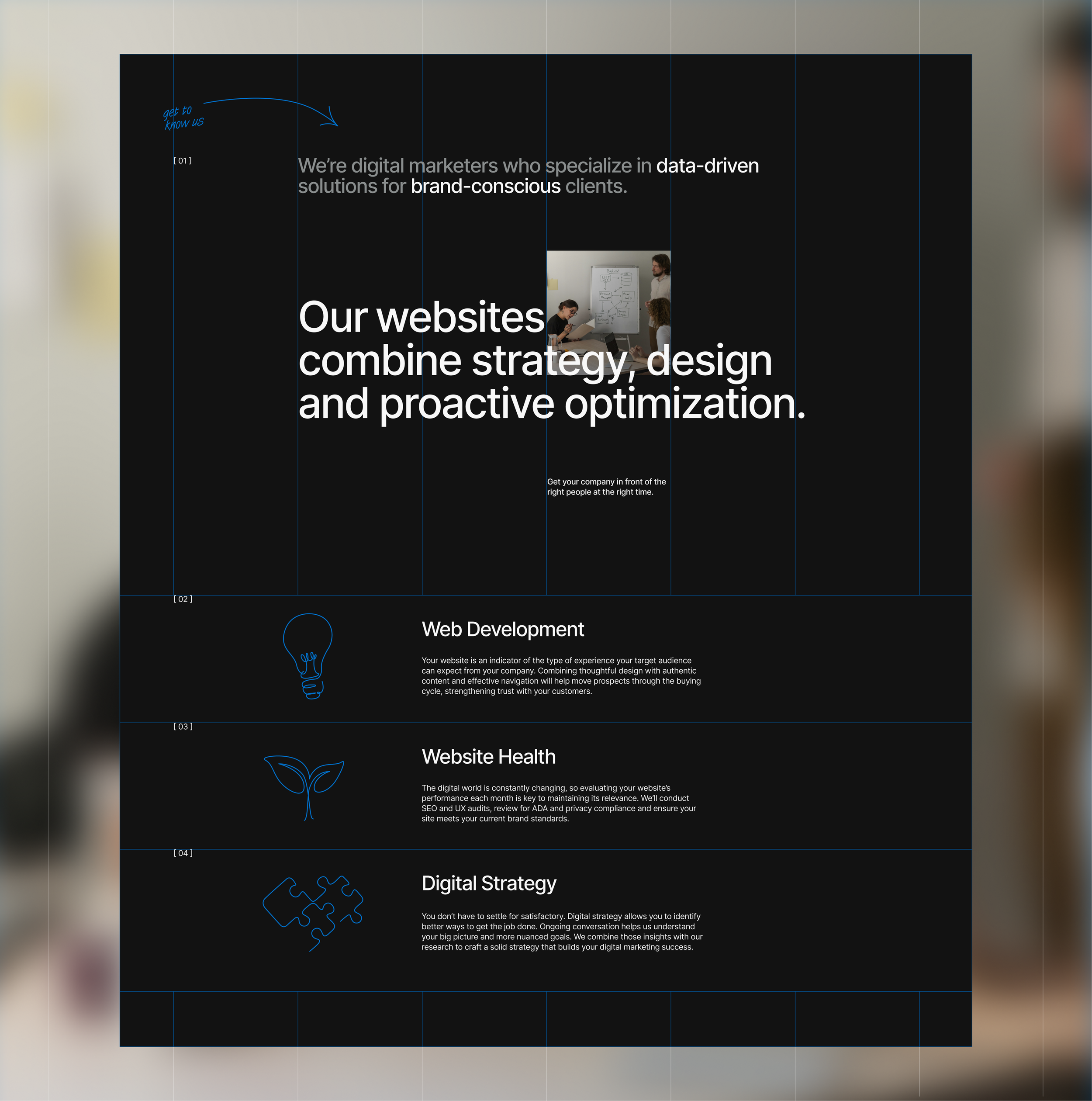 Screenshot of a webpage with sections titled 'Web Development', 'Website Health', and 'Digital Strategy'. Each section has a description and icons representing ideas and puzzles.