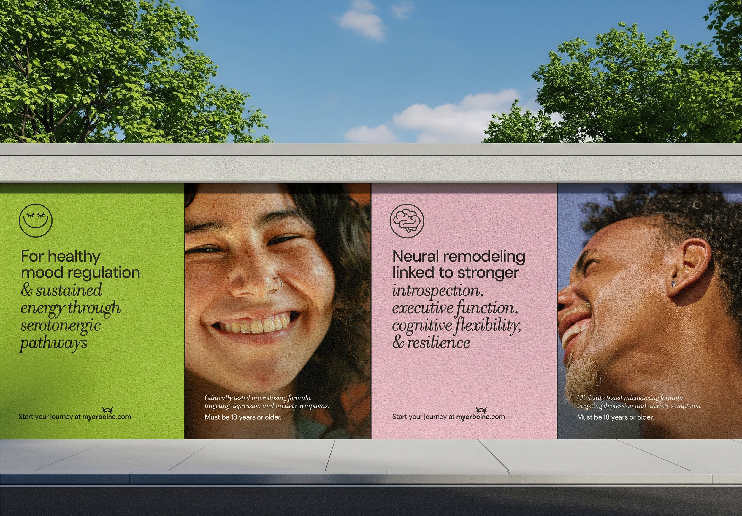 Advertisement panel featuring smiling women and text highlighting mental health benefits. The panel has three sections with different background colors: green, pink, and dark blue. The green section emphasizes mood regulation and energy, the pink section discusses cognitive functions, and the dark blue section mentions microdosing for depression and anxiety. The board is set against a backdrop of trees and a blue sky.