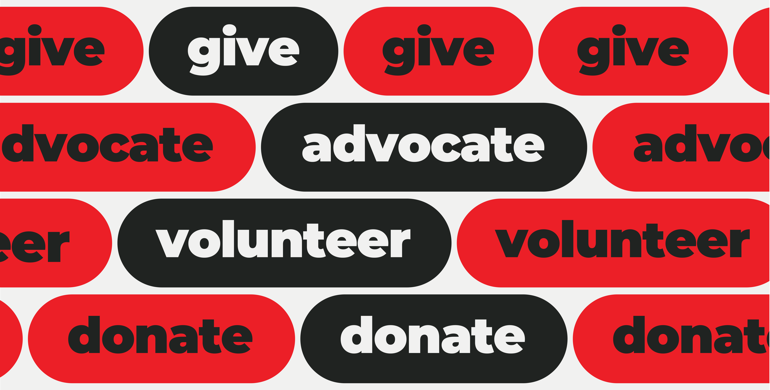 Pattern of words 'give', 'advocate', 'volunteer', and 'donate' in black and white text on red and black rounded rectangles.