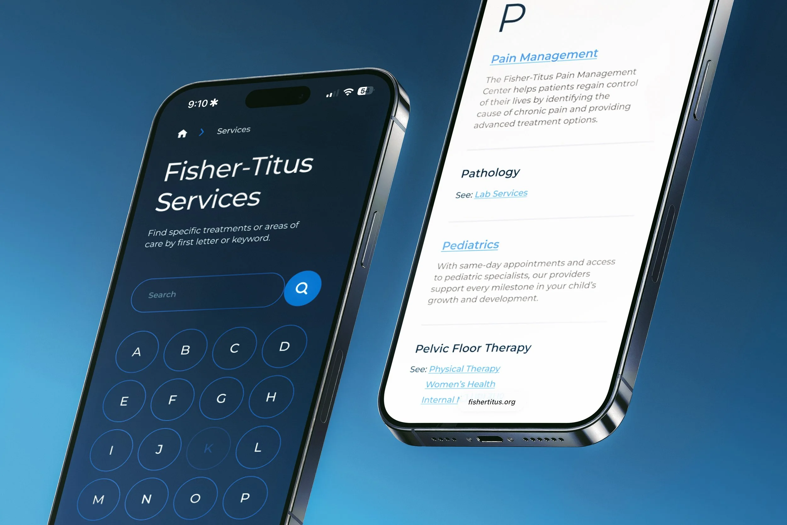 Two smartphones, one displaying a healthcare services app with a dark blue background and white text, and the other showing a webpage with healthcare treatments like pain management and pediatric care, against a blue background.