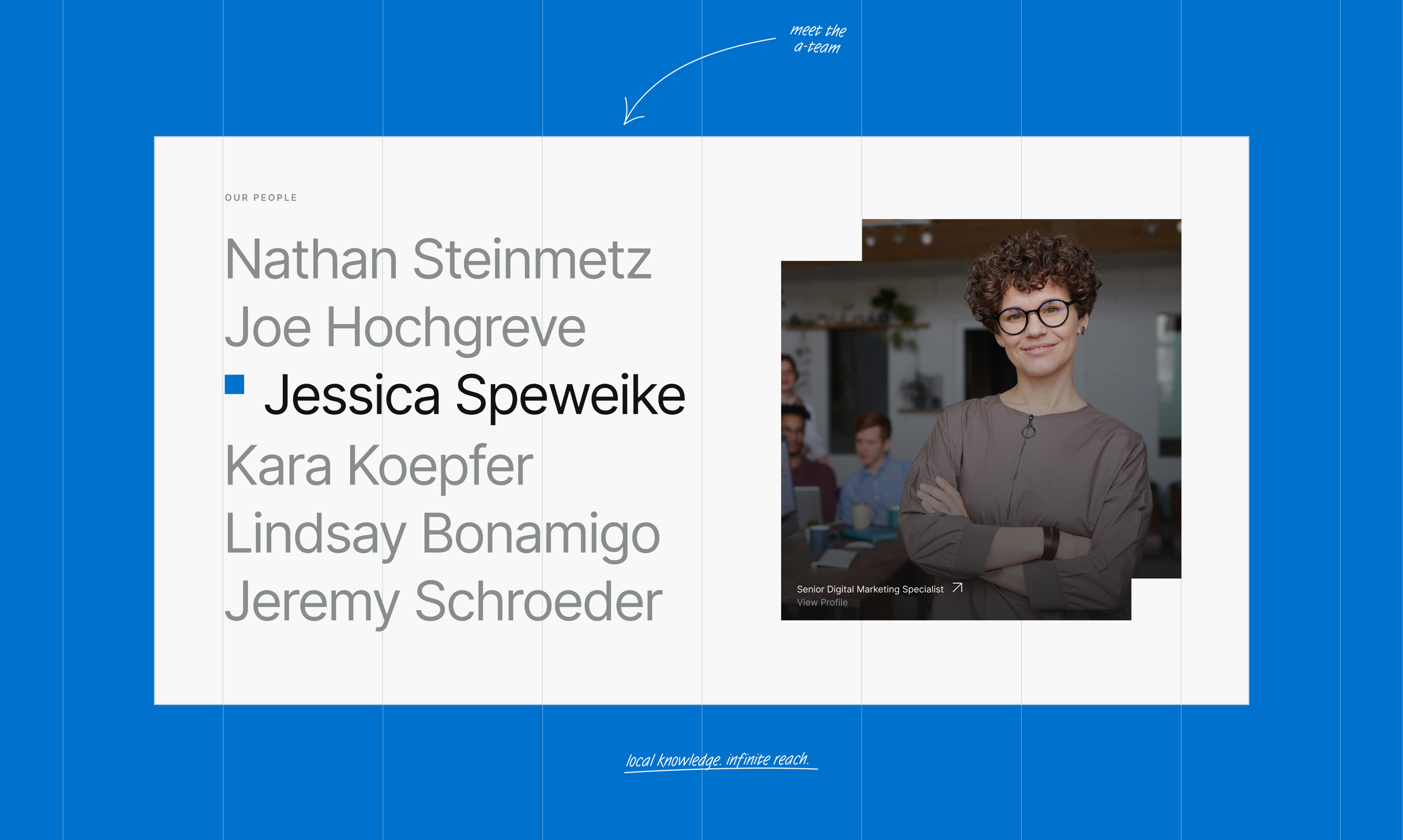 Digital graphic featuring a website layout with a blue background, a list of names including Nathan Steinmetz, Joe Hochgreve, and Jessica Speweke, and a photo of a woman with curly hair and glasses smiling in an office setting.