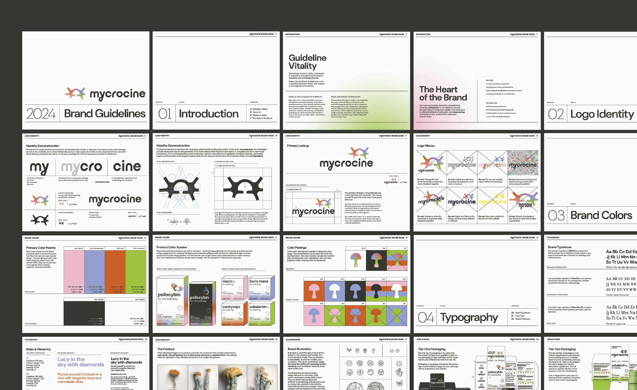 A collage of pages from a branding guideline document for a company named mycrocine, including sections like logo guidelines, color palette, typography, and product packaging.