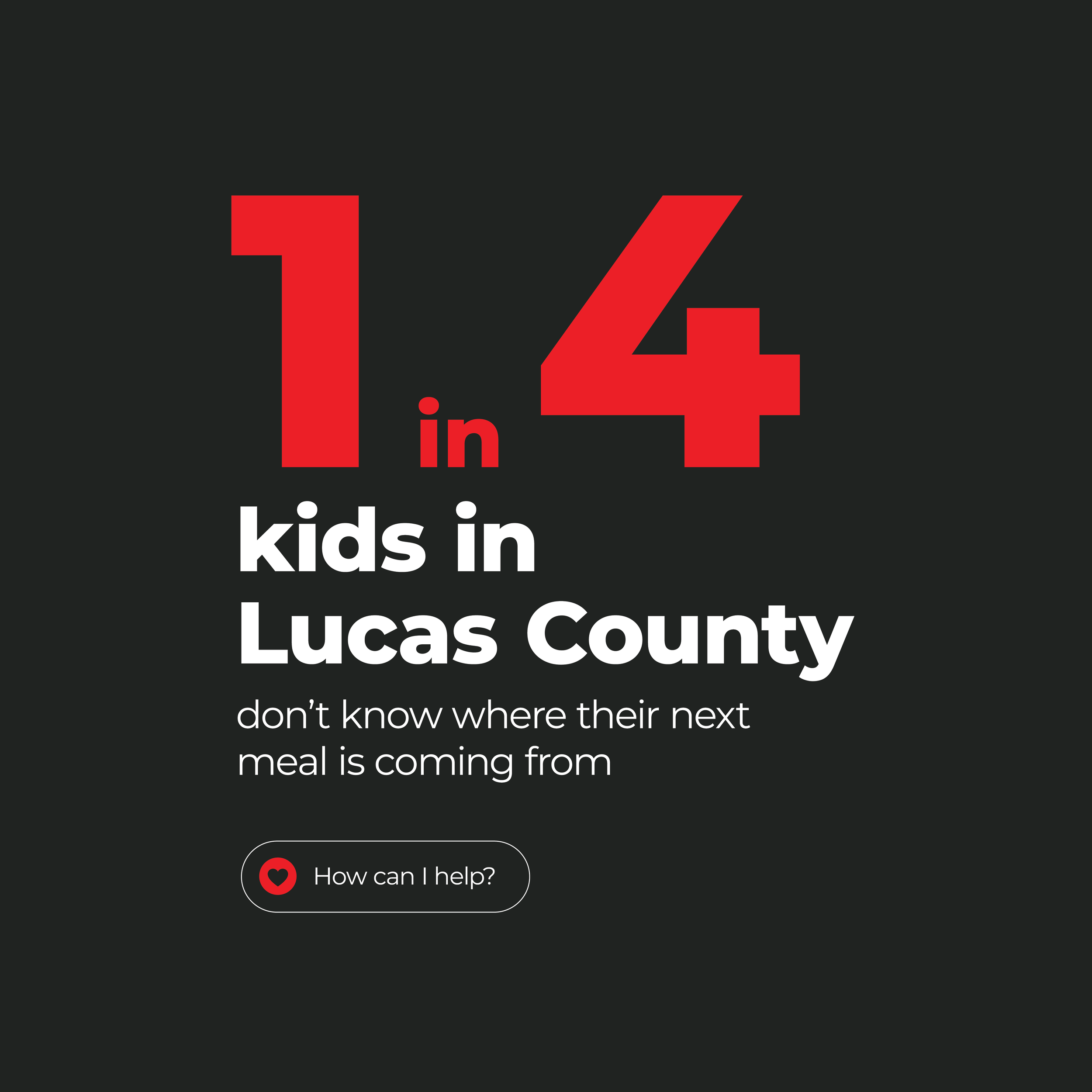 Mobile device screen showing a chat interface with message about kids in Lucas County and a help button with a heart icon.
