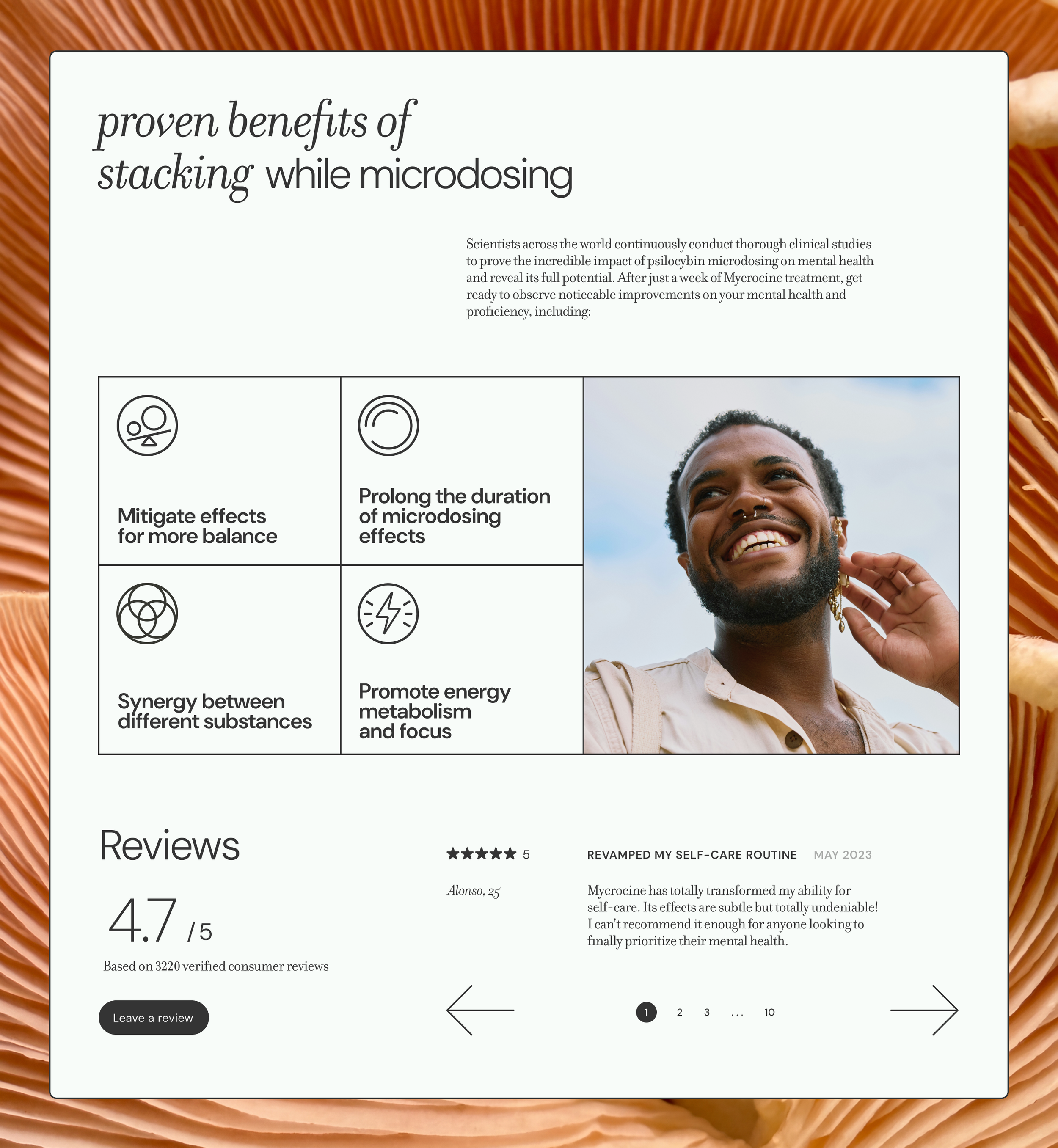 Screenshot of a website section discussing the benefits of stacking while microdosing, including icons, reviews, and an image of a smiling person outdoors.