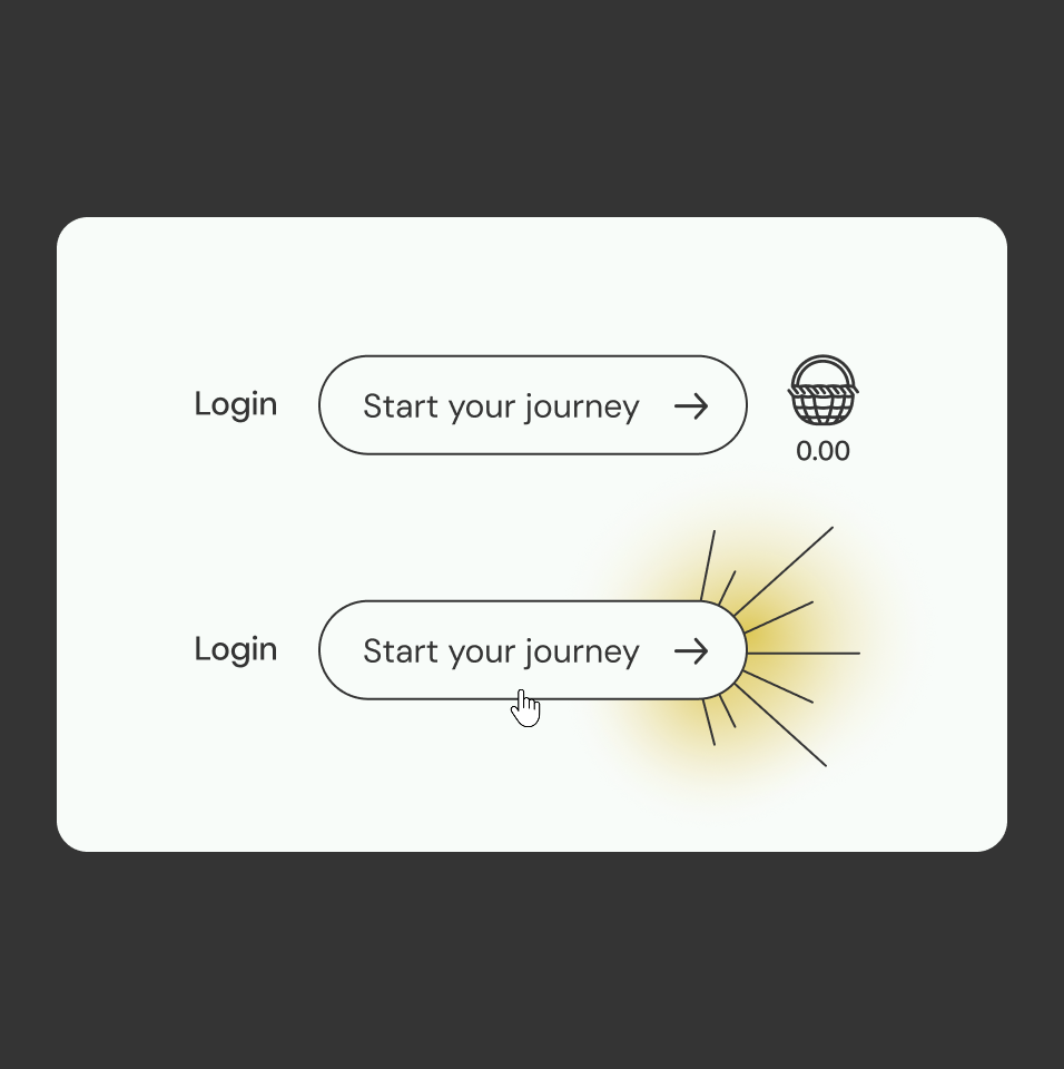 Digital user interface with two login buttons labeled 'Start your journey', one with a bright glow effect and a cursor clicking on it, and icons of a shopping basket with '0.00' next to it.