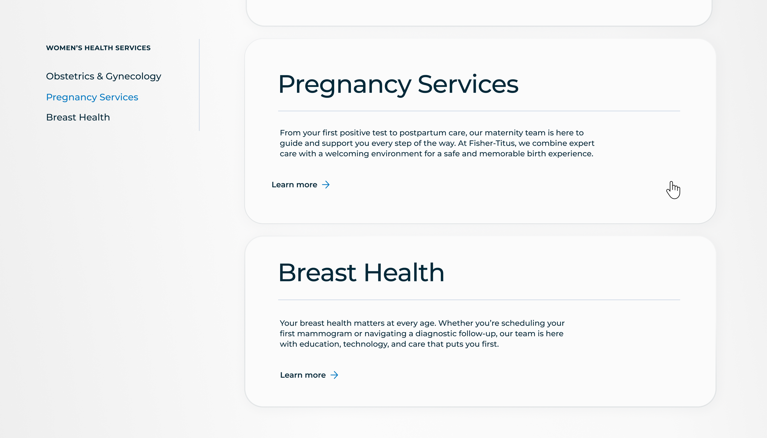 Screenshot of a webpage showing Women's Health Services, with a section on Pregnancy Services, including navigation links on the left for Obstetrics & Gynecology, Pregnancy Services, Breast Health, and a detailed description on Pregnancy Services.