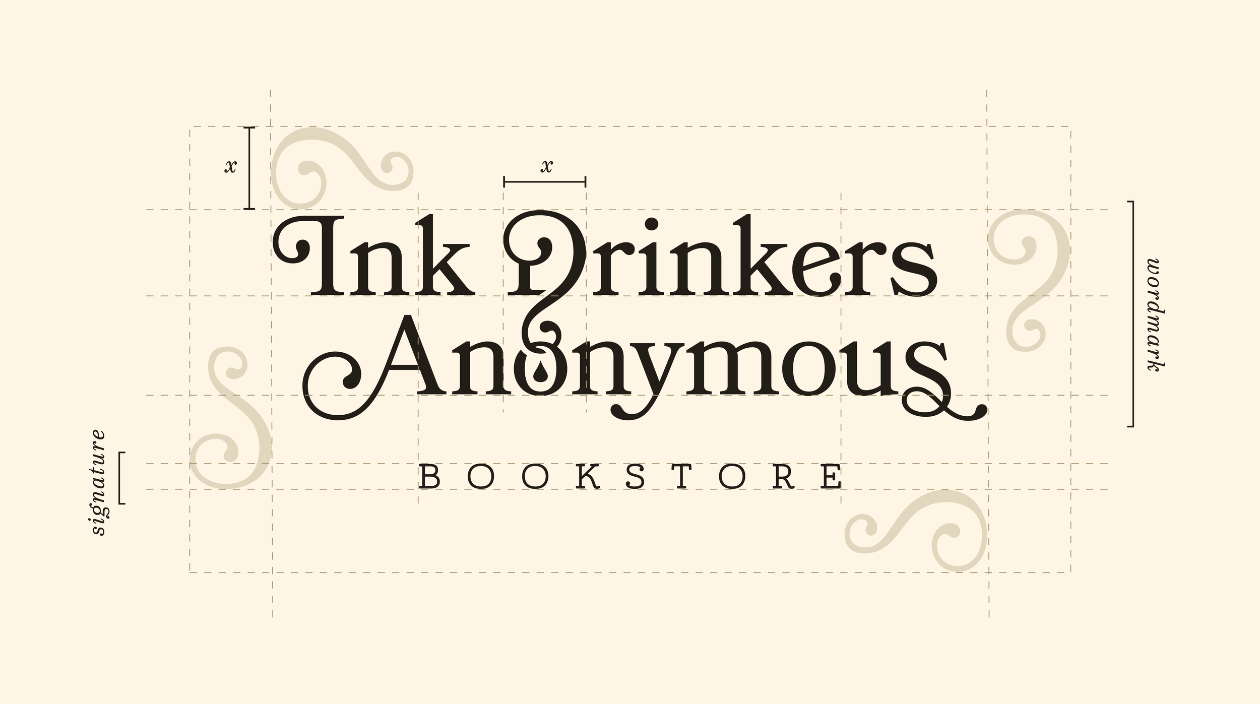 Vintage logo design with ornate text reading 'Ink Drinker & Anonymous' and 'Bookstore', with measurements and decorative swirl accents on a beige background.