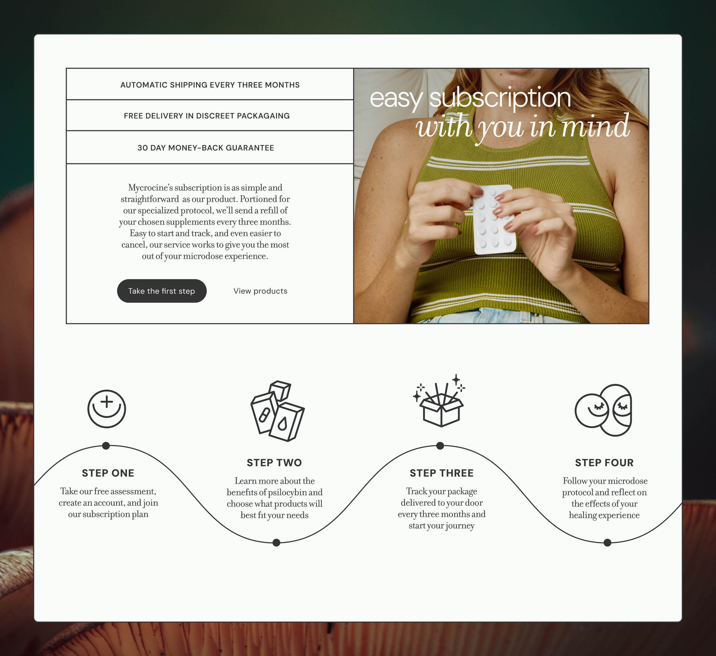 A website featuring a woman in a green striped tank top holding a white blister pack of pills. The site promotes a subscription service with benefits such as automatic shipping every three months, free delivery, a 30-day money-back guarantee, and easy to start and track. The page displays icons for smiling face, medication, gift box, and blueberries, with sections labeled Step One through Step Four, outlining the subscription process.