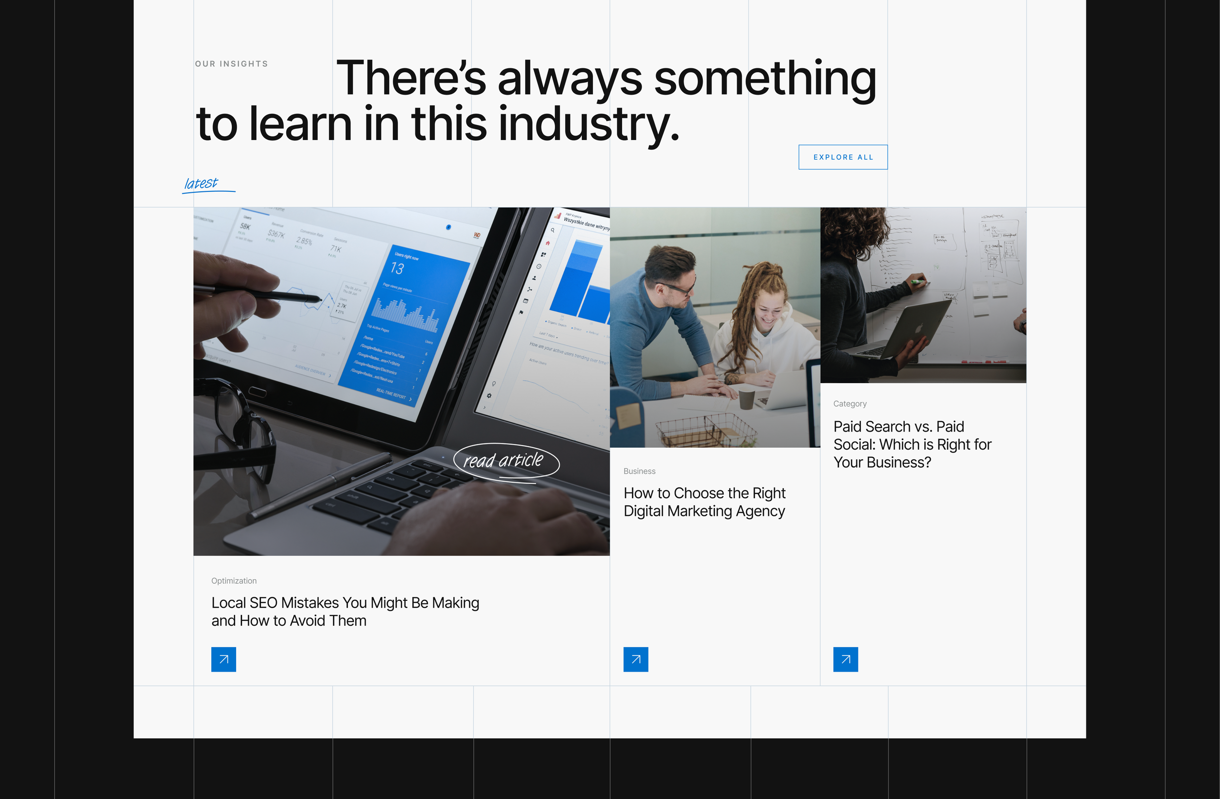 Screenshot of a website with a large heading saying 'There's always something to learn in this industry.' and various articles about digital marketing, SEO, and social media, including images of charts on computer screens and people working together.
