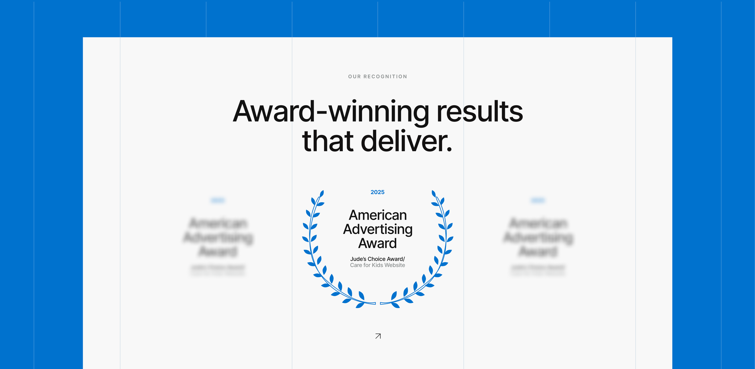 Certificate with the title 'Award-winning results that deliver.' awarded to an organization in 2025 by the American Advertising Award, featuring a blue laurel wreath design.