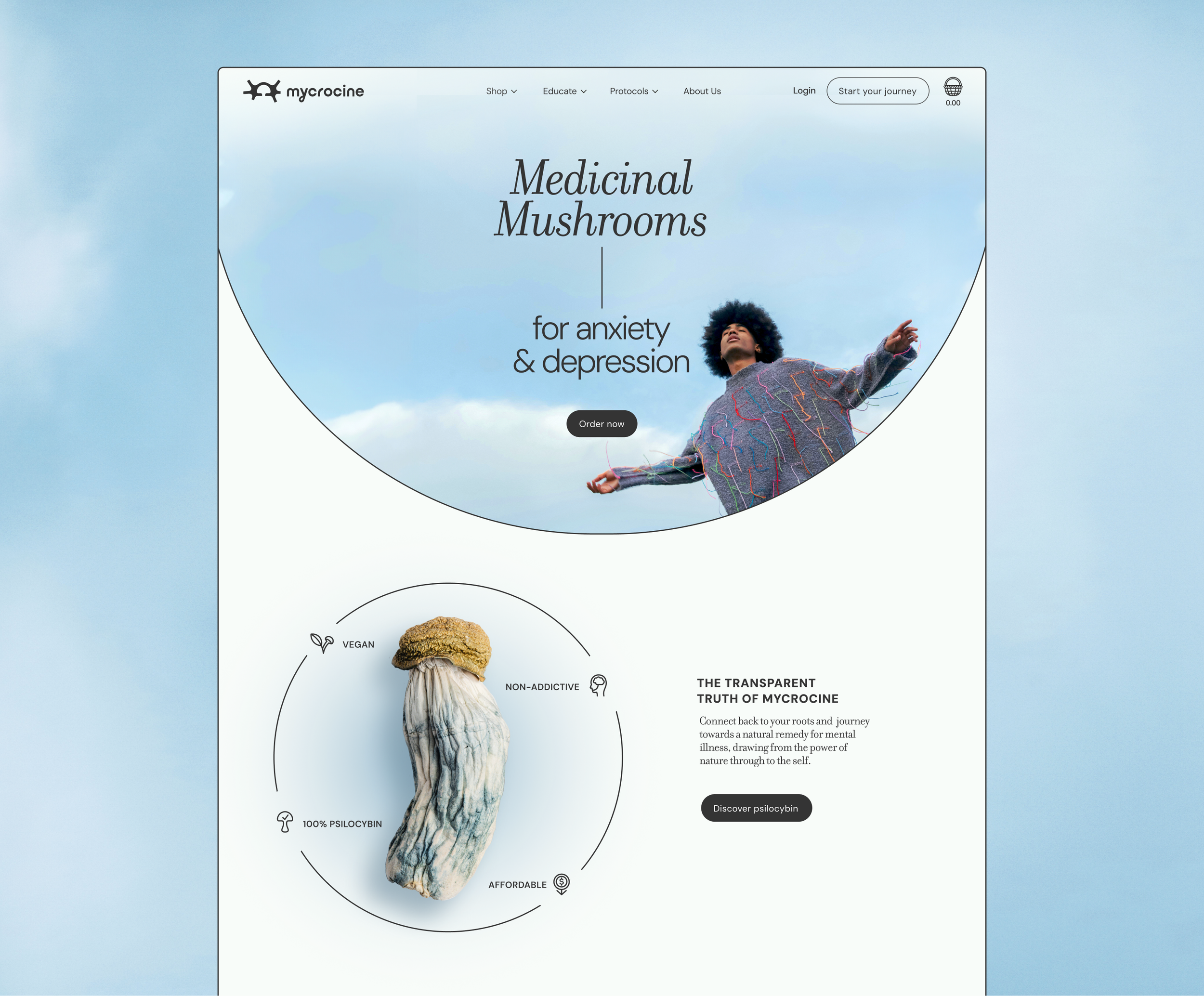 Website homepage for Mycrocin, a company that sells medicinal and health-related products with a focus on mushrooms for anxiety and depression, featuring a woman with curly hair and outstretched arms against a blue sky background.