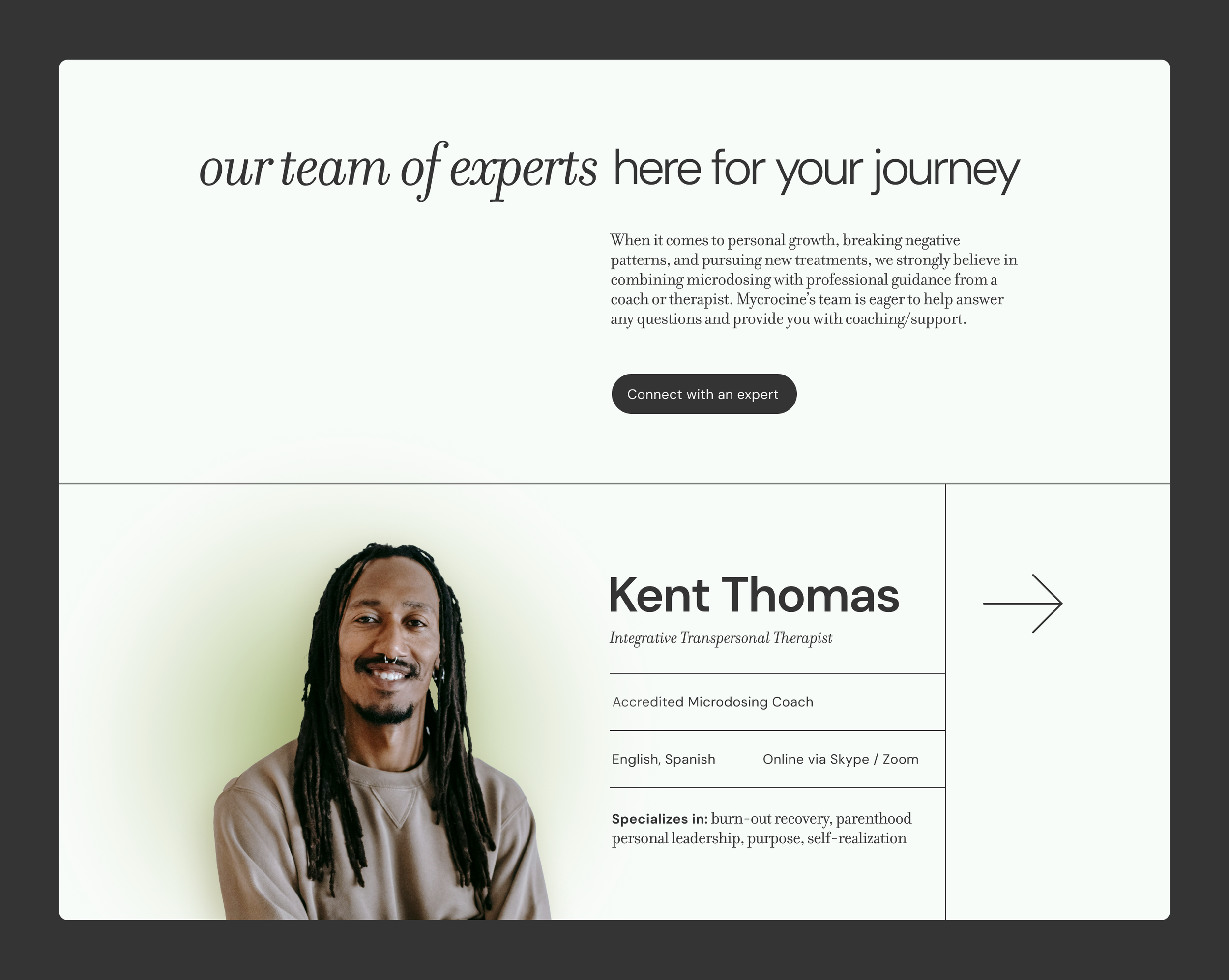 Screenshot of a website featuring a personal branding page for Kent Thomas, an integrative transpersonal therapist, microdosing coach, and multilingual online counselor. The page includes a photo of Kent Thomas smiling, with details about his specialties, language options, and online availability.