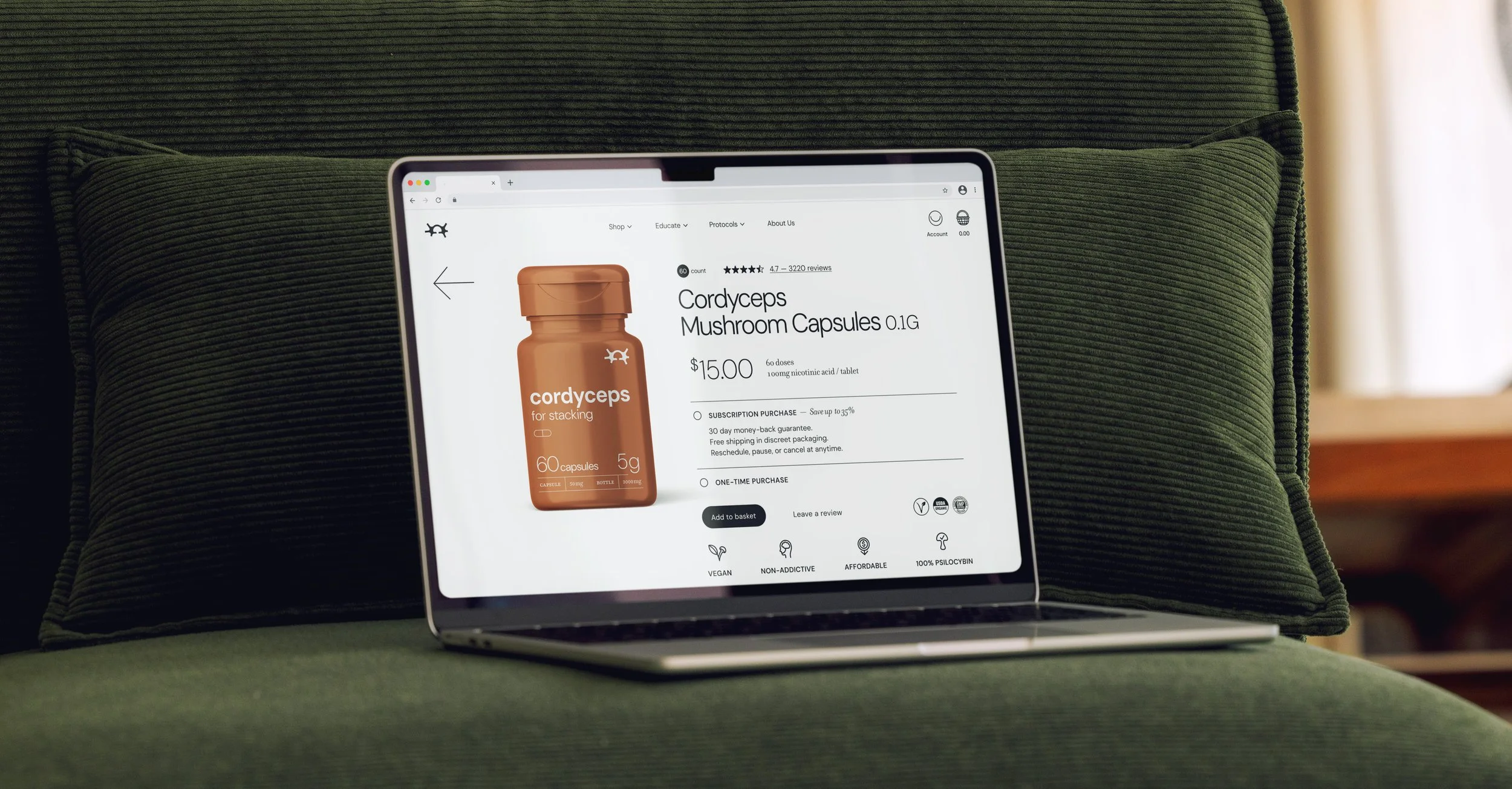 Tablet displaying an online product page for Cordyceps Mushroom Capsules sitting on a green couch.