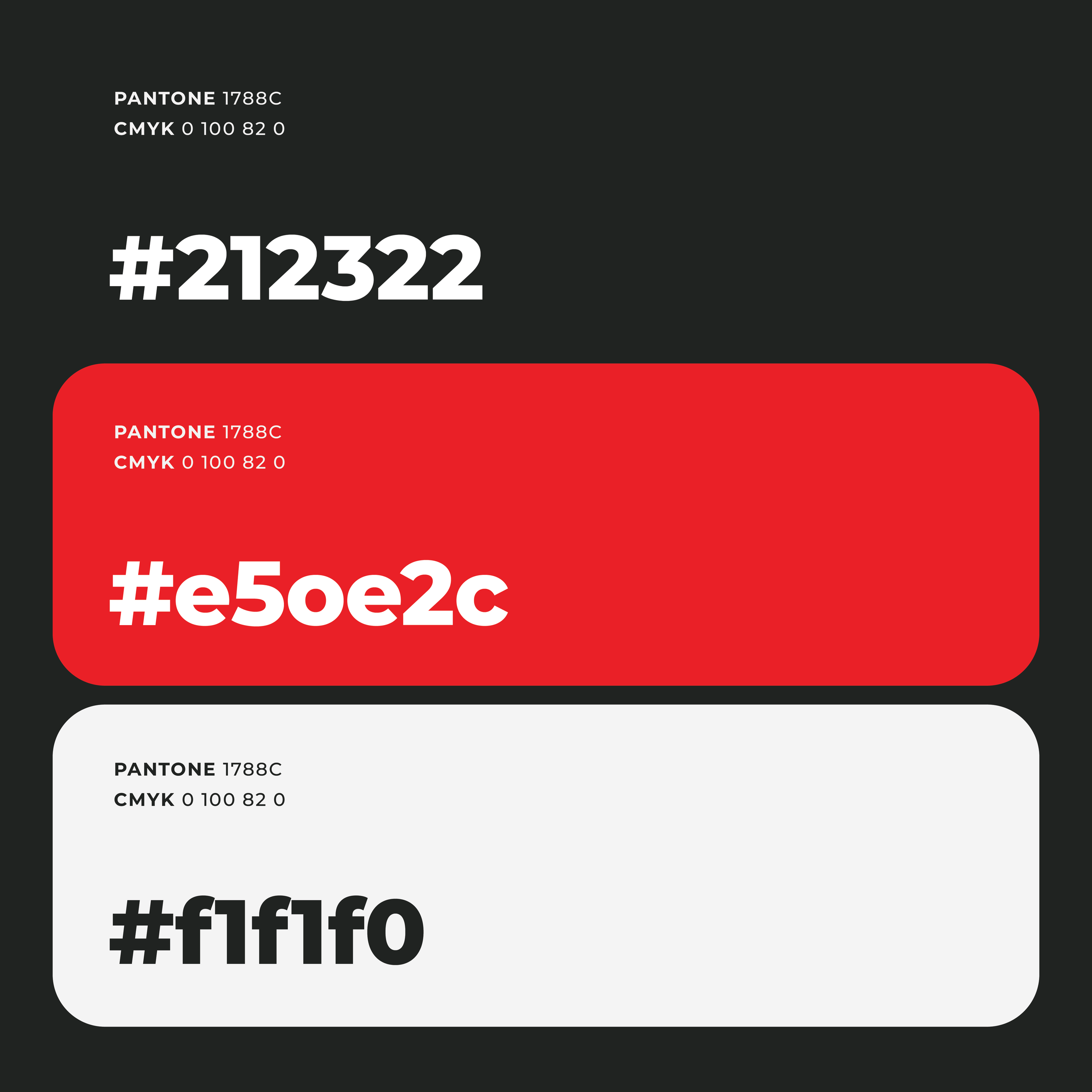 Three color swatches with Pantone and CMYK codes: black, red, and white, aligned vertically.
