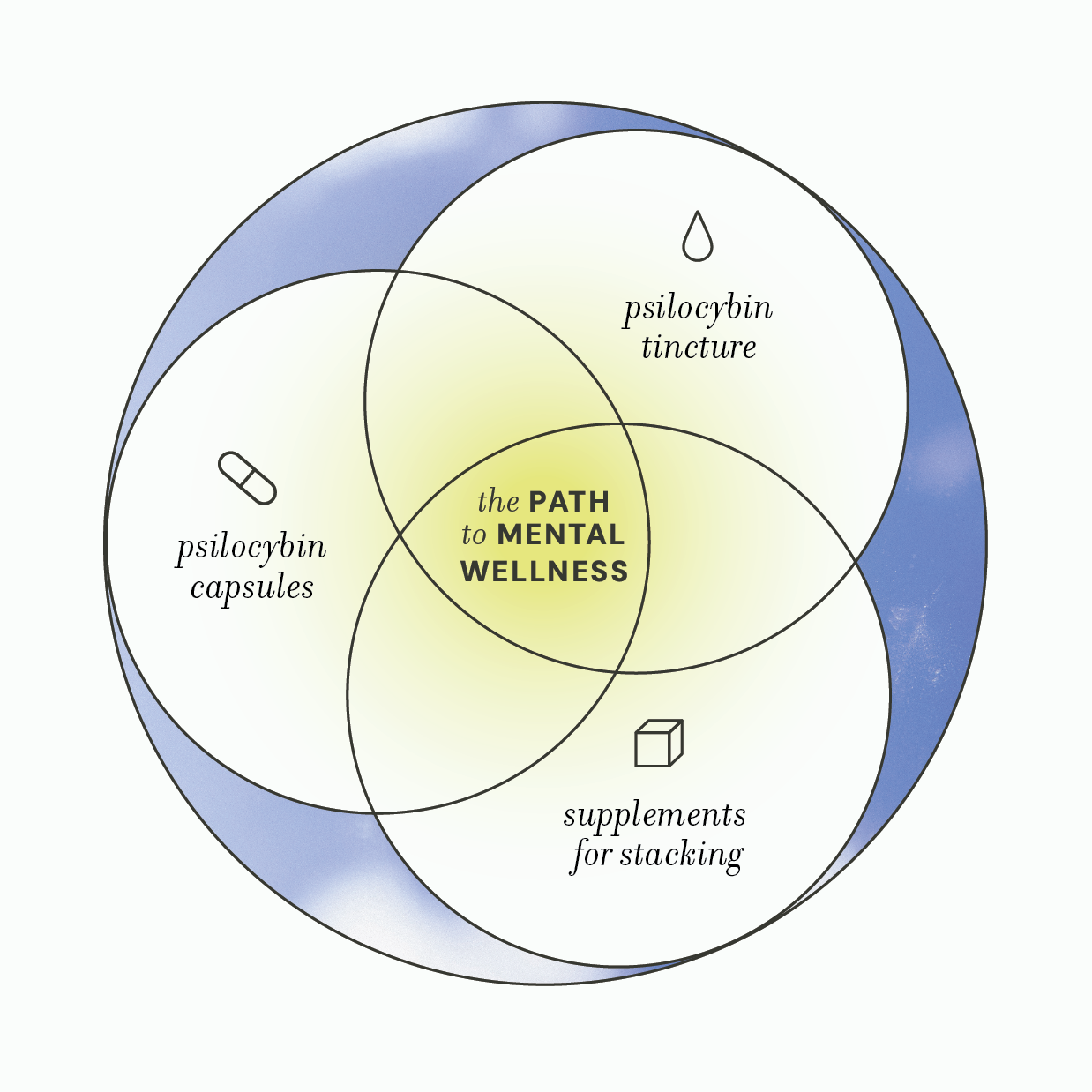 A Venn diagram titled "the PATH to MENTAL WELLNESS" shows overlapping circles labeled "psilocybin capsules," "psilocybin tincture," and "supplements for stacking," illustrating different approaches to mental wellness.