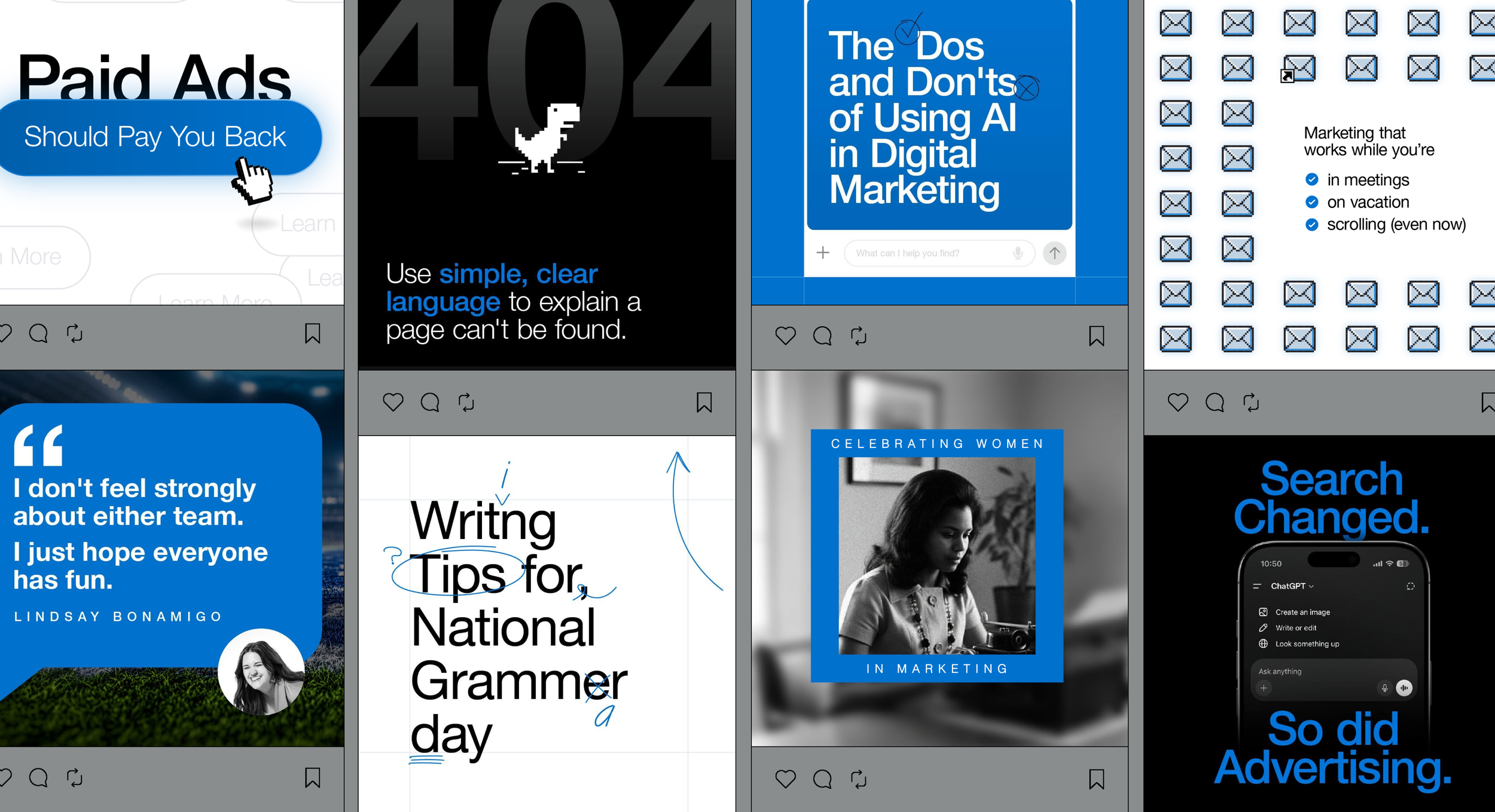 A collage of digital content and advertisements about marketing, technology, and writing tips, including text-based graphics, a cartoon T-Rex, and a photo of a woman working on her laptop.