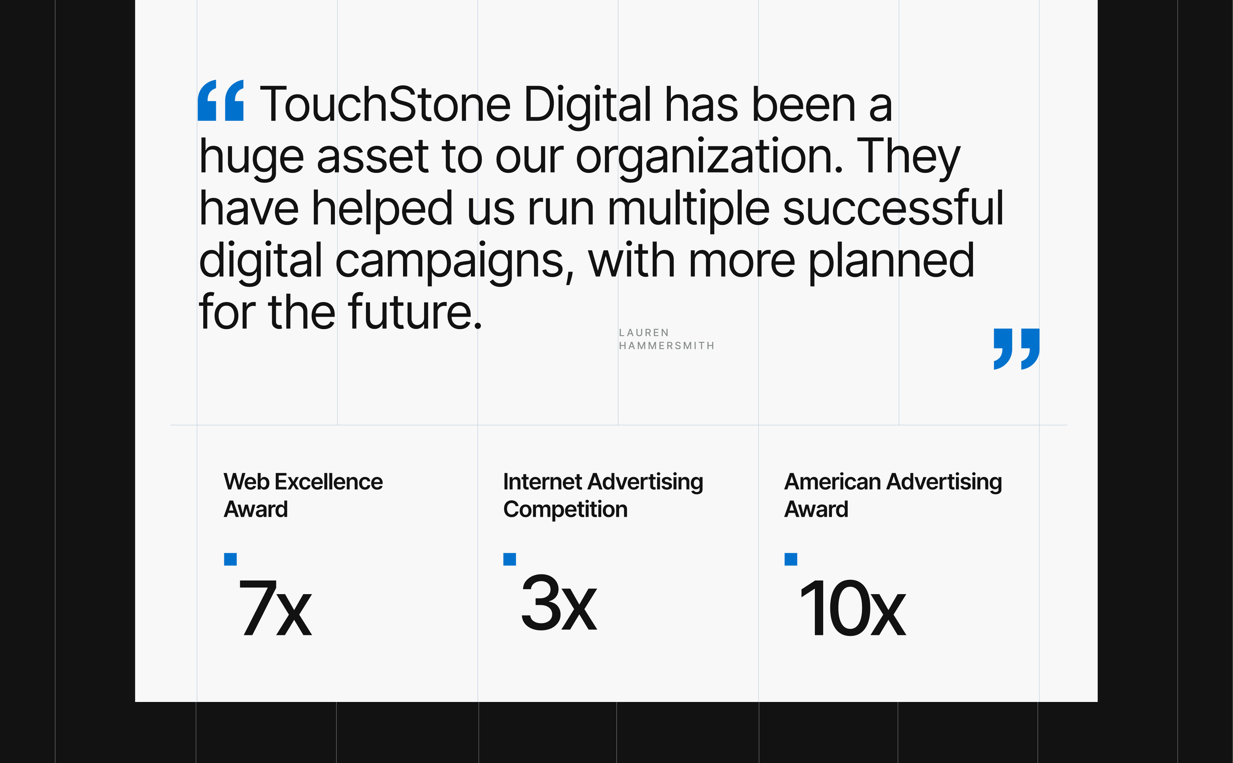 A digital infographic with a quote about TouchStone Digital by Lauren Hammersmith, highlighted by large blue quotation marks. The quote reads, 'TouchStone Digital has been a huge asset to our organization. They have helped us run multiple successful digital campaigns, with more planned for the future.' Below the quote, there are three award categories listed: Web Excellence Award, Internet Advertising Competition, and American Advertising Award, each with respective statistics indicating levels such as 7x, 3x, and 10x.