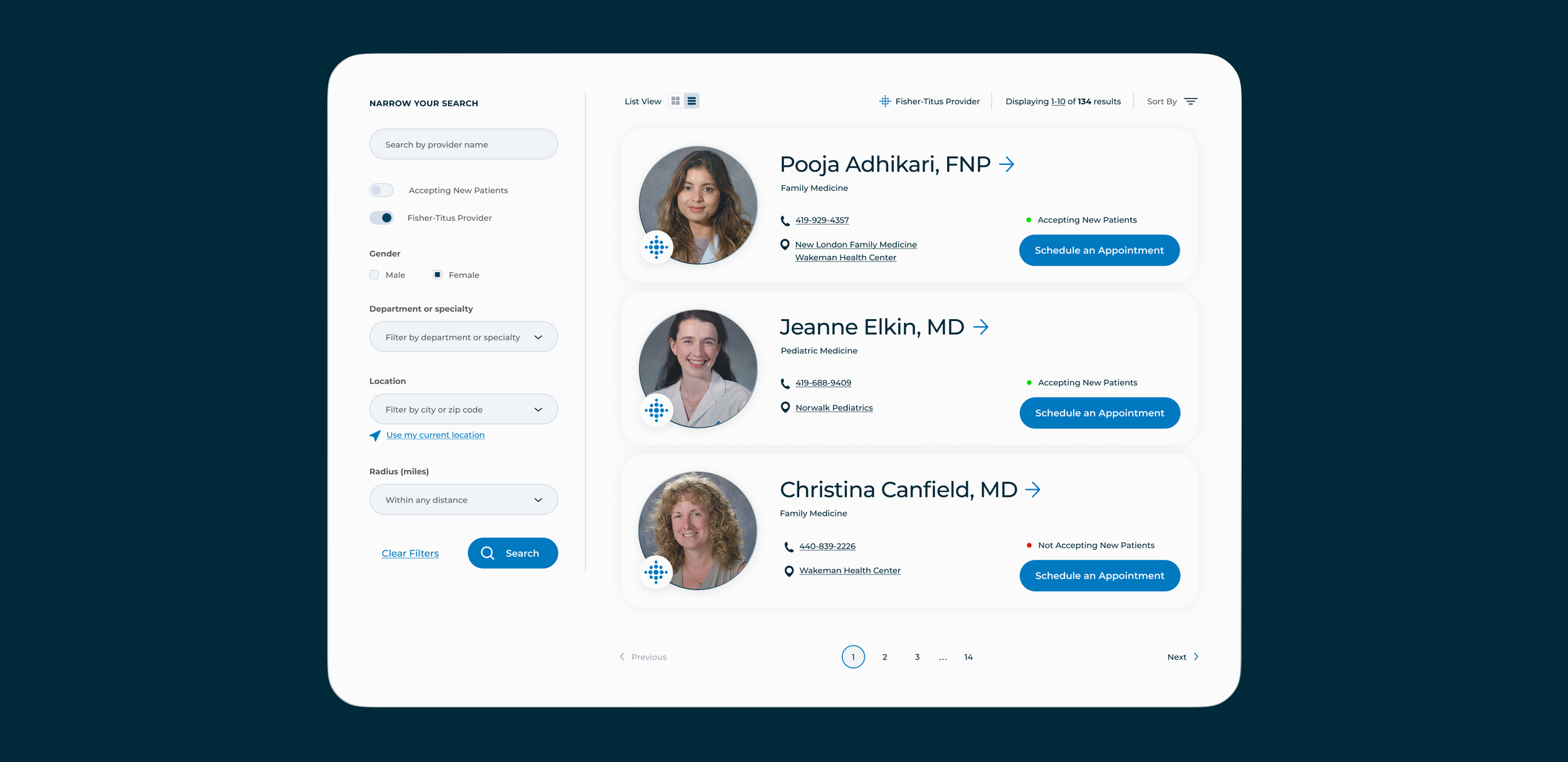 Medical appointment search website displaying doctor profiles, including Pooja Adhikari, FNP, Jeanne Elkin, MD, and Christina Canfield, MD, with contact info and appointment scheduling options.