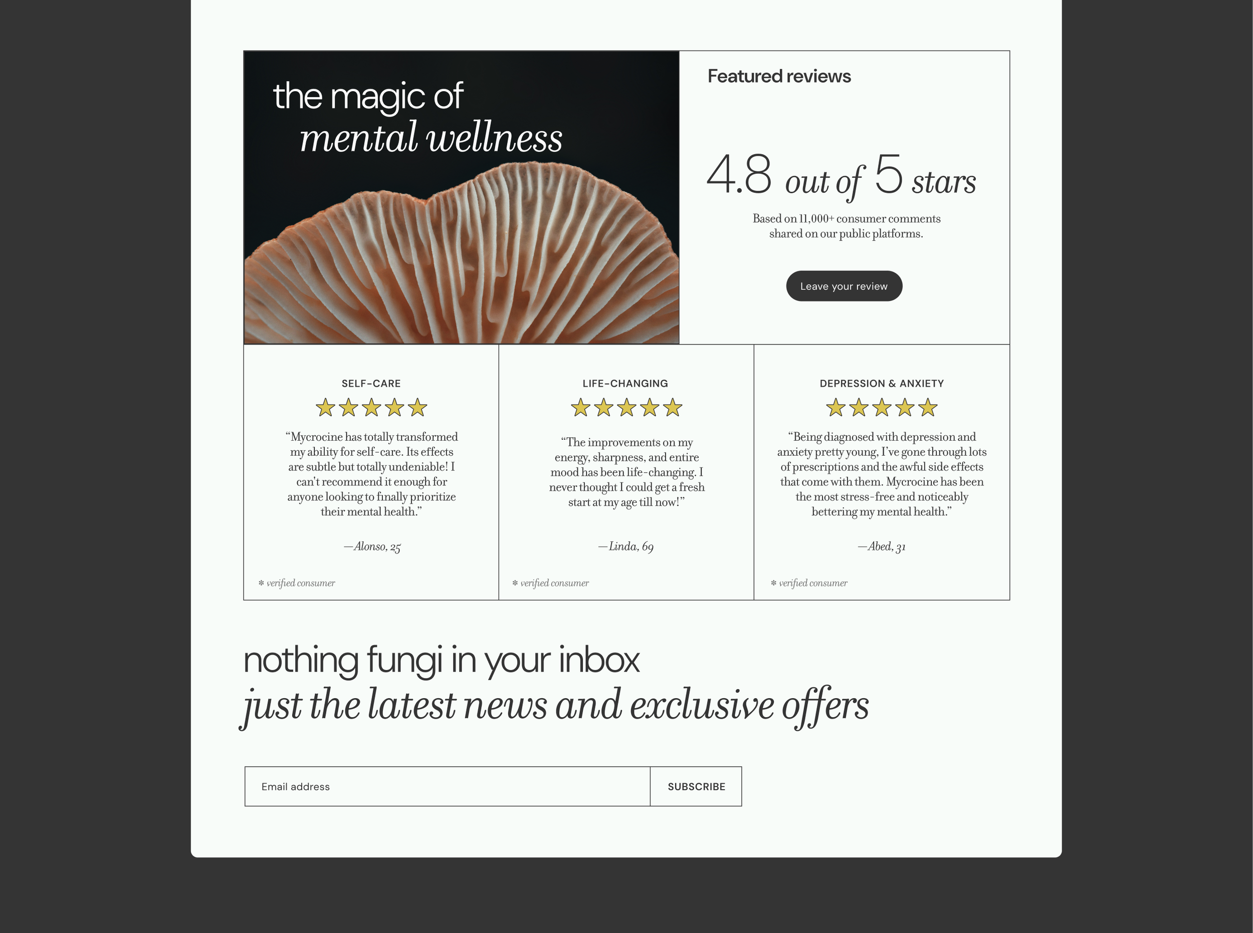 Website homepage featuring a dark background image of mushroom gills, with white text titled "the magic of mental wellness" on the left and a reviews section on the right showing a rating of 4.8 out of 5 stars based on 11,000+ comments, and a call-to-action button labeled "Leave your review." Below this, there are three customer reviews with five-star ratings, each with a brief testimonial, and a subscription form at the bottom for email address and subscribe button.