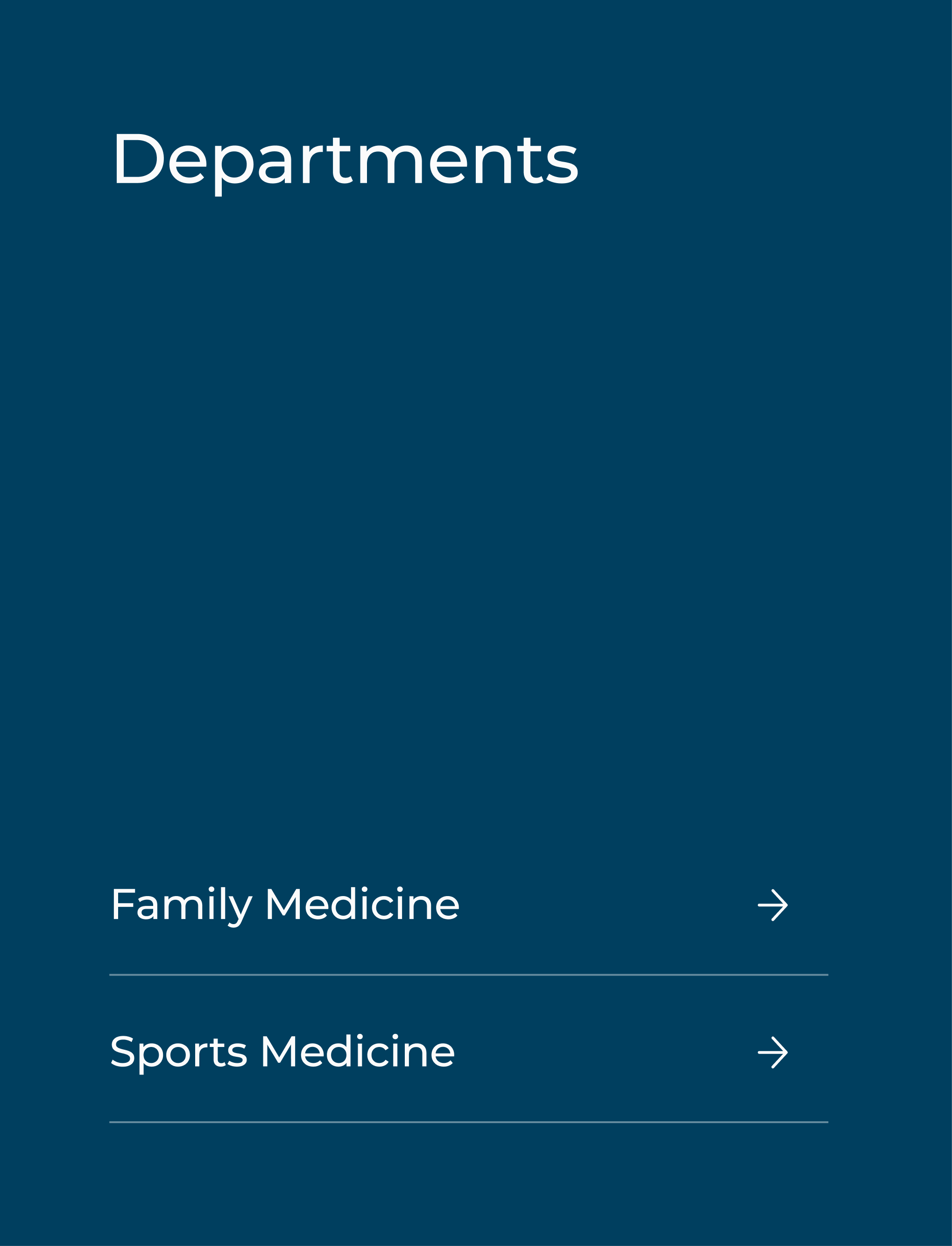 Mobile app screen displaying medical department options: Family Medicine and Sports Medicine, with arrows indicating selection.