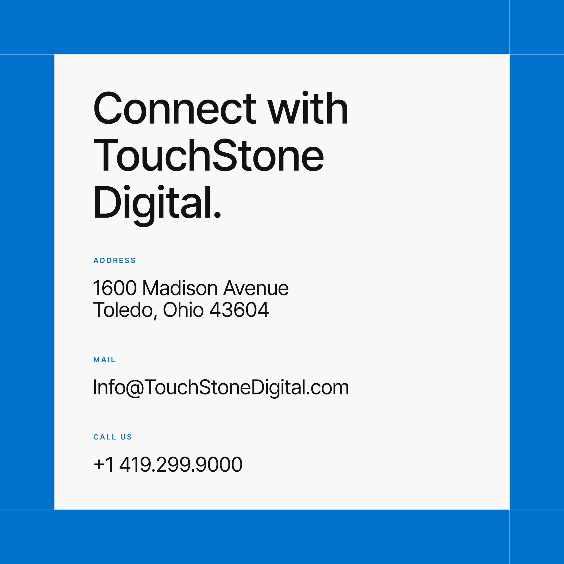 Business contact information for TouchStone Digital, including address in Toledo, Ohio, email, and phone number.