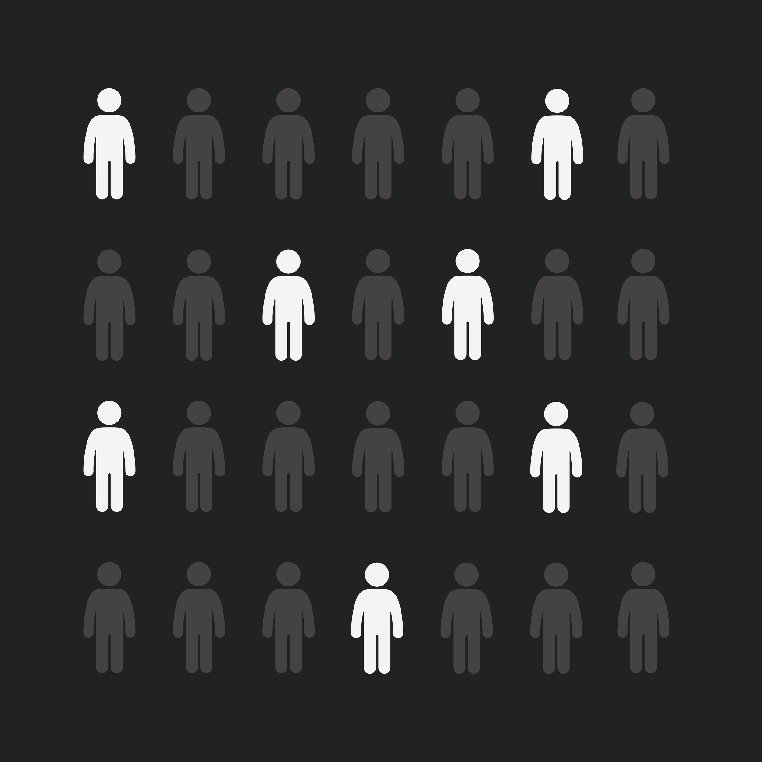 Graphic showing rows of stylized human icons, with some icons highlighted in white and others in dark gray, set against a dark background.