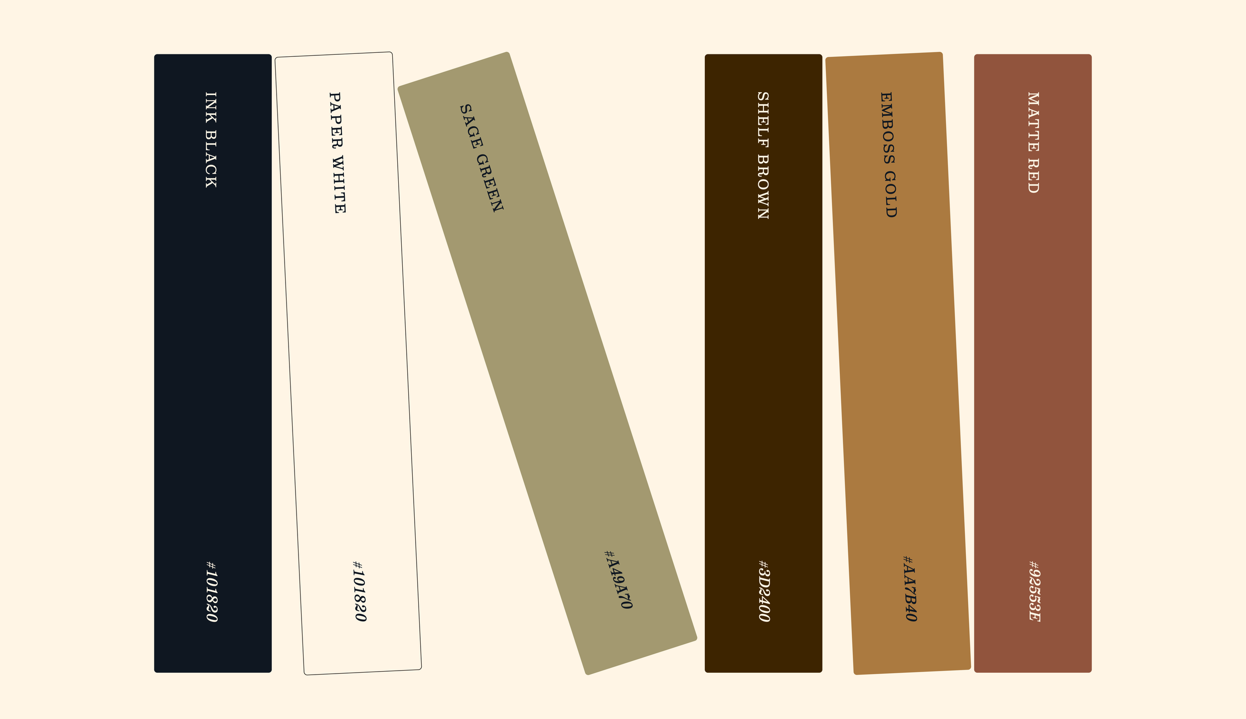 Color swatches arranged in slanted overlapping cards from black to brown to red, each with a hashtag and a code.