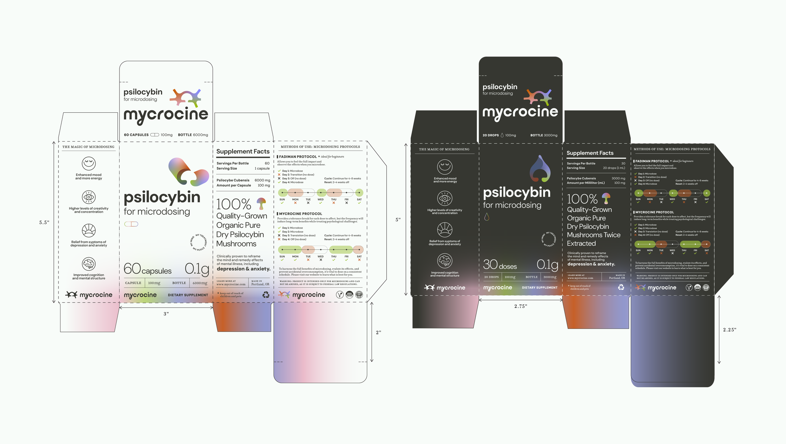Comparison of two microdose supplement packages, one with 60 capsules and the other with 20 drops, including dosage information and benefits for mental health.