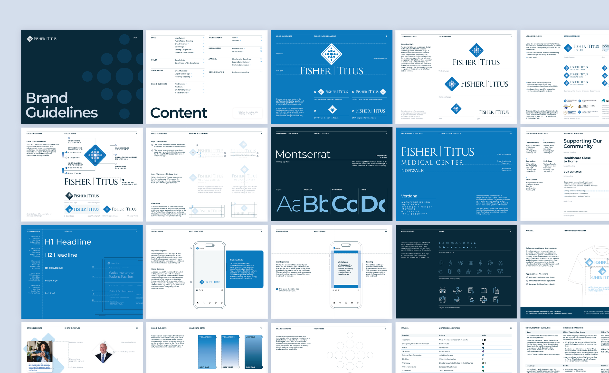A collection of brand guideline documents for Fisher Titus, including logo specifications, typography, color schemes, brand hierarchy, and visual identity details.