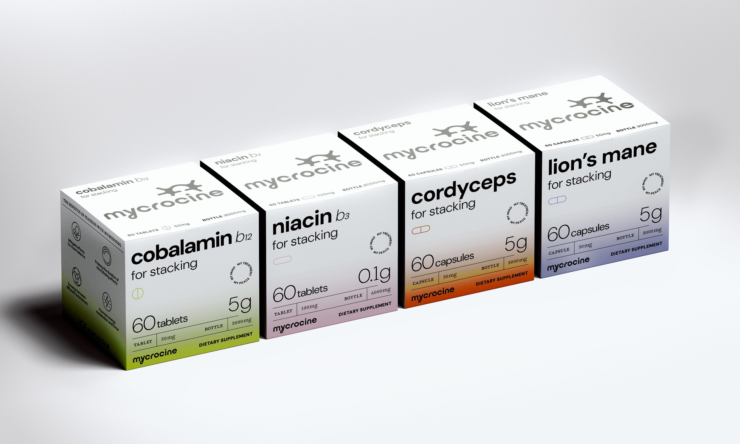 Boxes of dietary supplements labeled mycocine with different ingredients: cobalamin, niacin, cordyceps, and lion's mane, each with varying quantities and packaging design.