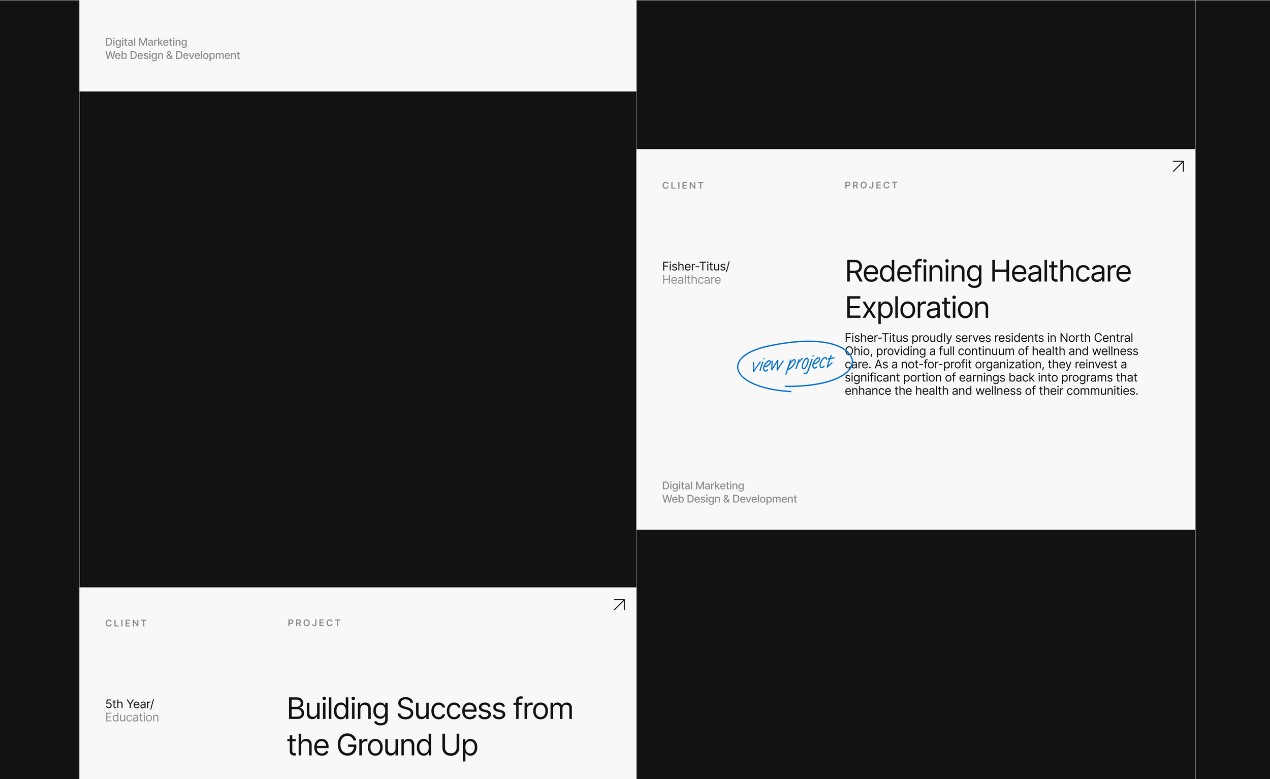 A digital presentation slide with a black and white layout. The right side contains project information for Fisher-Titus healthcare, including the project title 'Redefining Healthcare Exploration' and a handwritten note 'view project.' The left side has sections labeled 'Client,' 'Project,' '5th Year/Education,' and 'Building Success from the Ground Up.' The top corner mentions digital marketing, web design, and development.