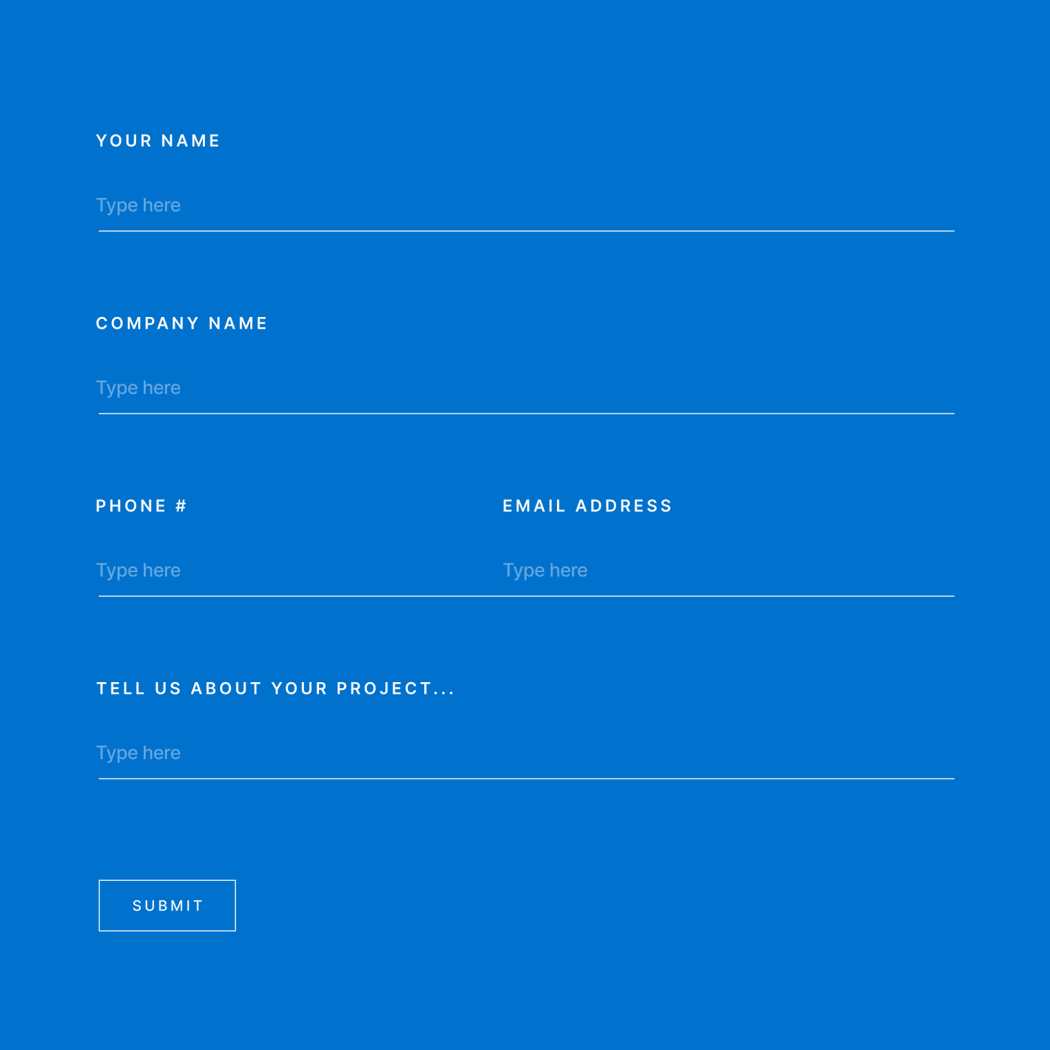 Blue online contact or registration form with fields for name, company, phone number, email, and project details, and a submit button.