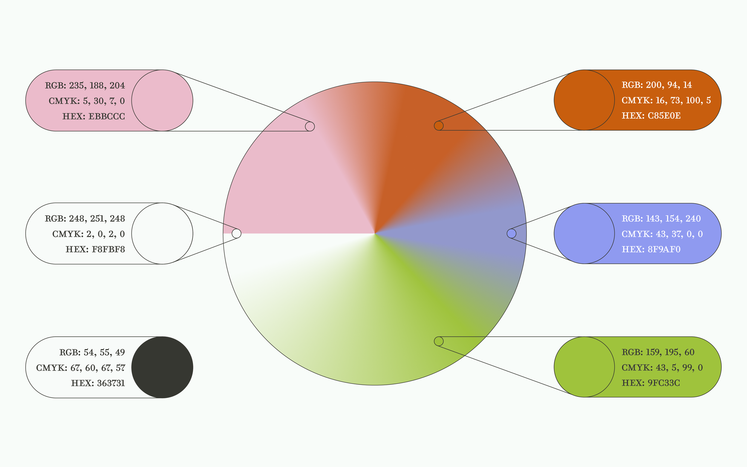 A color wheel with six segments, each labeled with RGB, CMYK, and HEX color codes.
