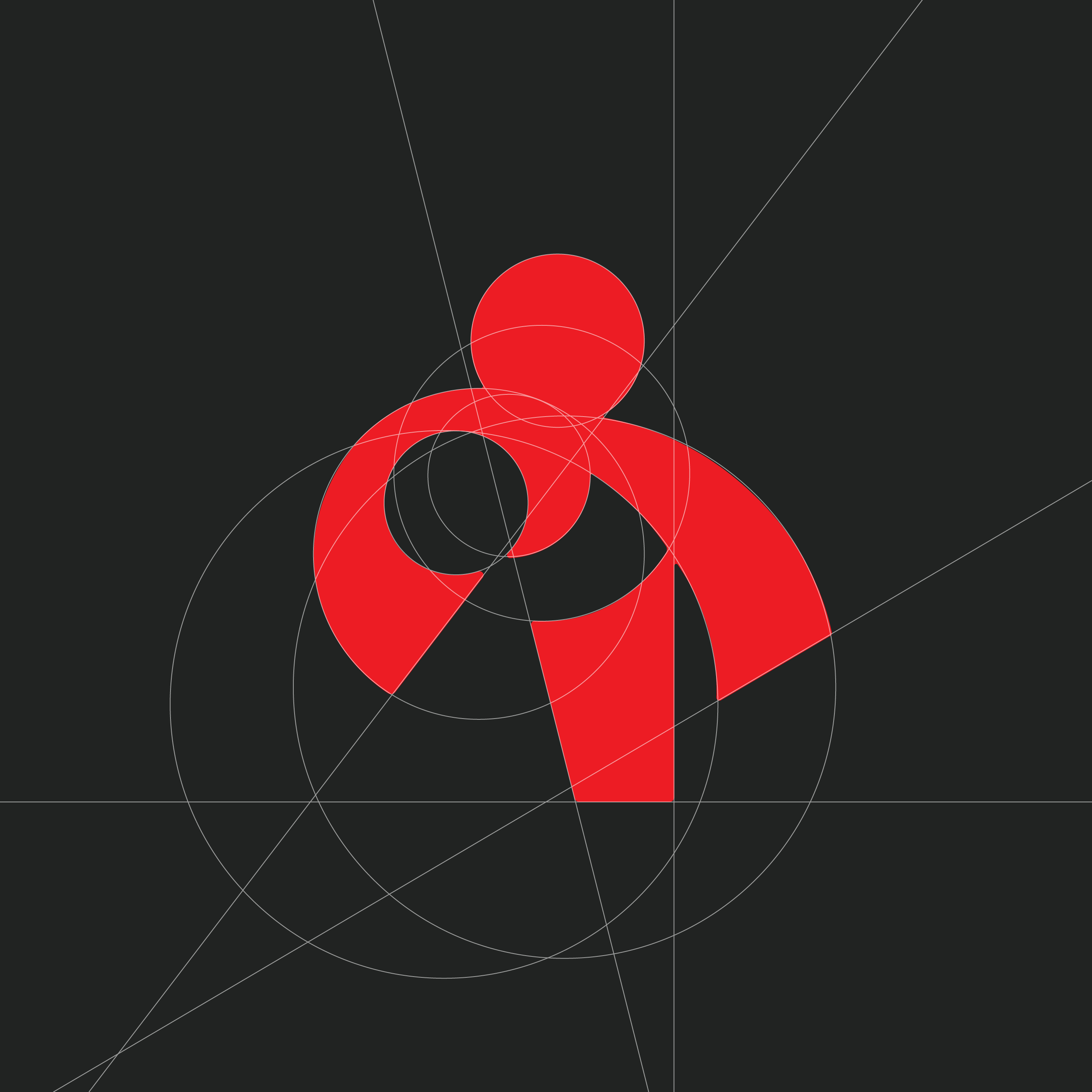 Abstract digital art with a black background, featuring red interconnected circles and white lines intersecting across the composition.